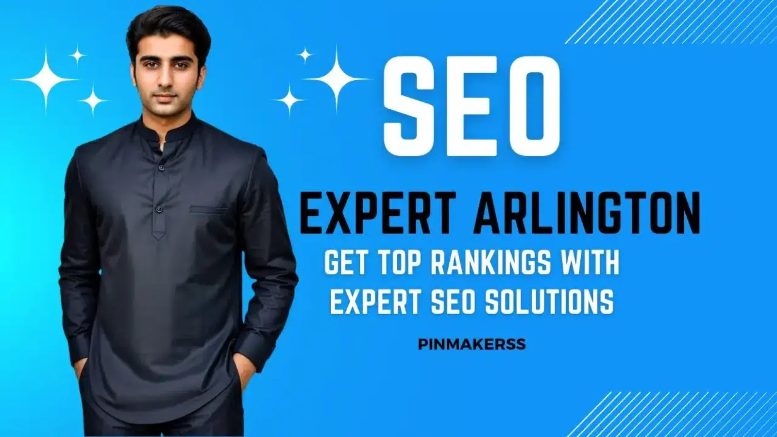 The image is a promotional graphic for an SEO expert in Arlington. A man is positioned in the center against a blue backdrop, dressed in a dark kurta, lending a professional appearance. To the right of the man, the text "SEO EXPERT ARLINGTON" is displayed in large, white block letters, with "SEO" being particularly emphasized. Below this headline, it reads "GET TOP RANKINGS WITH EXPERT SEO SOLUTIONS," suggesting the services aim to improve search engine rankings. The brand name "PINMAKERSS" is noted at the bottom right, acting as a signature for the advertisement. This image has a consistent design with other graphics in the series, intended to advertise specialized SEO services in Arlington. The design is clean and focused, with the blue background and white text creating a striking visual contrast to capture attention.