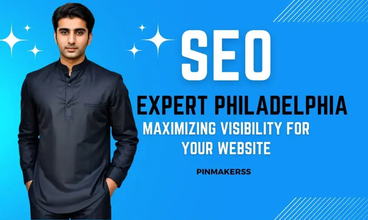 The image features a promotional design with a man centered against a bright blue background. He’s dressed in a dark-colored kurta that lends a sense of professionalism to the image. The text to the right of the man reads "SEO EXPERT PHILADELPHIA" in large white block letters, with "SEO" being notably larger, indicating the key service being promoted. The tagline "MAXIMIZING VISIBILITY FOR YOUR WEBSITE" is written below, suggesting that the expert specializes in improving the online presence of websites. The watermark "PINMAKERSS" is visible at the bottom right, representing the brand or company behind this advertisement. The design follows a consistent theme seen in a series of images for different locations, aimed at marketing SEO services. It employs a clear, straightforward layout with an appealing blue background that makes the white text stand out effectively.