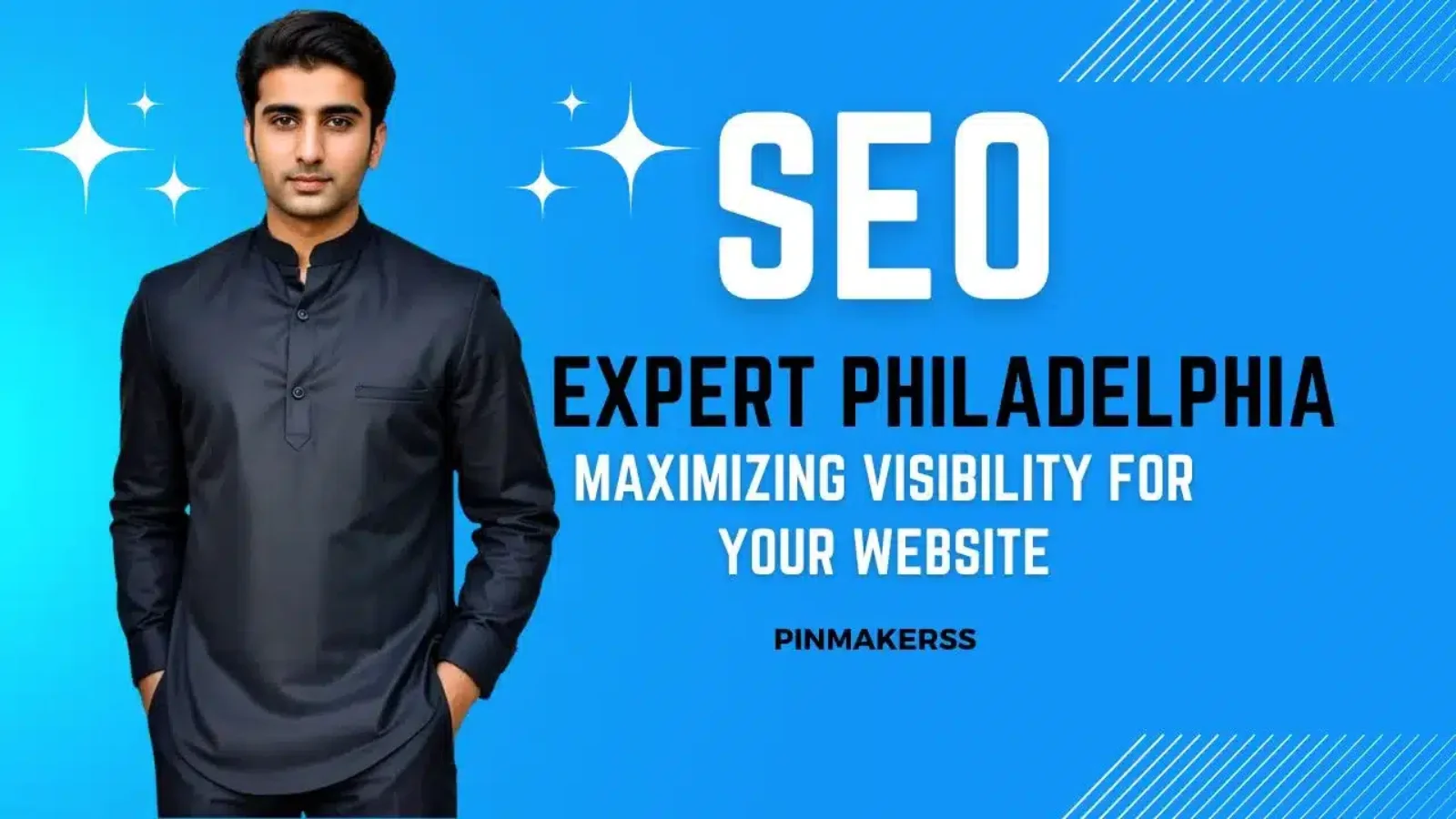 The image features a promotional design with a man centered against a bright blue background. He’s dressed in a dark-colored kurta that lends a sense of professionalism to the image. The text to the right of the man reads "SEO EXPERT PHILADELPHIA" in large white block letters, with "SEO" being notably larger, indicating the key service being promoted. The tagline "MAXIMIZING VISIBILITY FOR YOUR WEBSITE" is written below, suggesting that the expert specializes in improving the online presence of websites. The watermark "PINMAKERSS" is visible at the bottom right, representing the brand or company behind this advertisement. The design follows a consistent theme seen in a series of images for different locations, aimed at marketing SEO services. It employs a clear, straightforward layout with an appealing blue background that makes the white text stand out effectively.