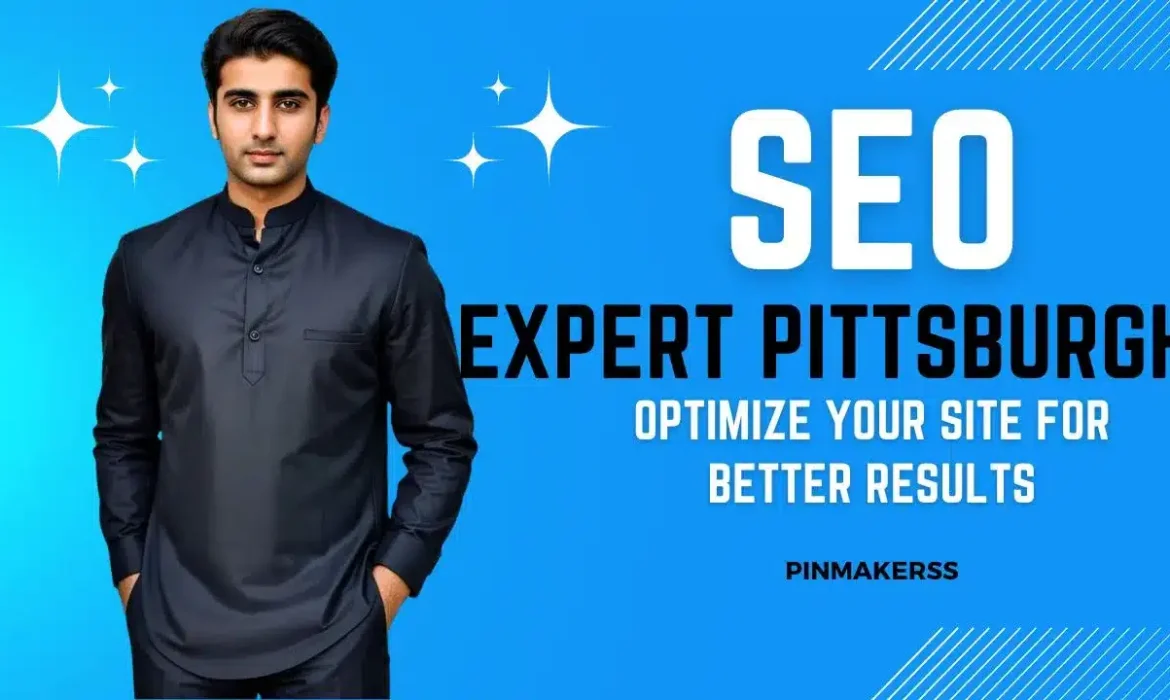 This image appears to be part of a professional promotional series. It features a man centered against a bright blue background. He is wearing a smart, dark-colored kurta, and there are subtle white sparkles to his left side, possibly indicating quality or success. The image includes text on the right-hand side that reads "SEO EXPERT PITTSBURGH" in large white capital letters. The word "SEO" is much larger than the rest, attracting attention to the key service being advertised. Below this, in a smaller white font, the phrase "OPTIMIZE YOUR SITE FOR BETTER RESULTS" suggests a focus on improving website performance in search engines. At the bottom right corner of the image, the text "PINMAKERSS" acts as a watermark or signature for the brand responsible for the advertisement. The overall layout and design of the image are clean and modern, aiming to market SEO expertise in the Pittsburgh area.