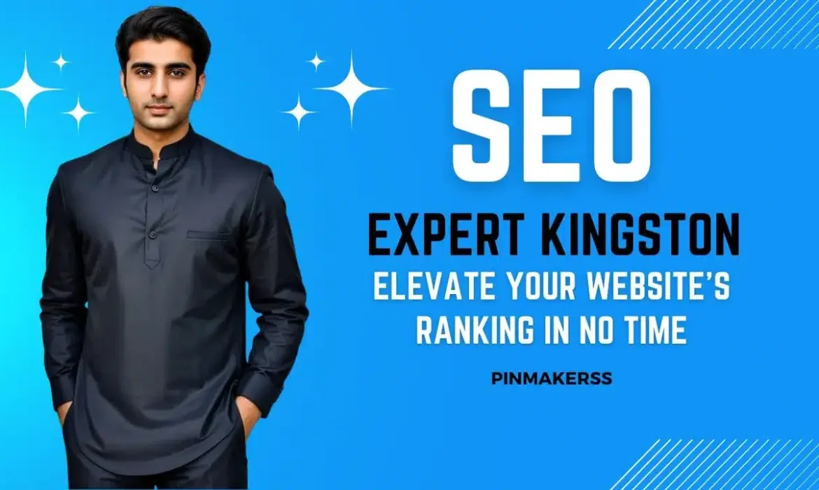 The image features a promotional design for an SEO expert based in Kingston. It has a professional-looking man in the center against a bright blue background, dressed in a dark, formal kurta. On the right side of the man, the text "SEO EXPERT KINGSTON" is presented in large, white capital letters, with "SEO" more emphasized in size. The tagline below says, "ELEVATE YOUR WEBSITE'S RANKING IN NO TIME," indicating a promise of quick results in improving a website's search engine ranking. The bottom right of the image includes the branding "PINMAKERSS." This image maintains a consistent theme with previous promotional graphics, signaling it's part of a series advertising SEO services across different locations, with this one targeting Kingston. The design employs a simple yet effective color contrast and clear typography to convey its message.