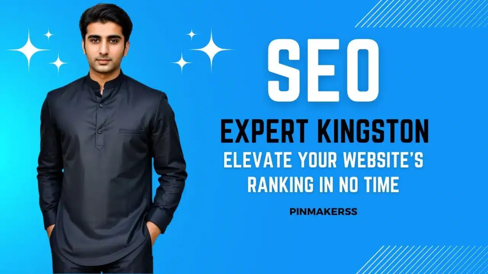 The image features a promotional design for an SEO expert based in Kingston. It has a professional-looking man in the center against a bright blue background, dressed in a dark, formal kurta. On the right side of the man, the text "SEO EXPERT KINGSTON" is presented in large, white capital letters, with "SEO" more emphasized in size. The tagline below says, "ELEVATE YOUR WEBSITE'S RANKING IN NO TIME," indicating a promise of quick results in improving a website's search engine ranking. The bottom right of the image includes the branding "PINMAKERSS." This image maintains a consistent theme with previous promotional graphics, signaling it's part of a series advertising SEO services across different locations, with this one targeting Kingston. The design employs a simple yet effective color contrast and clear typography to convey its message.