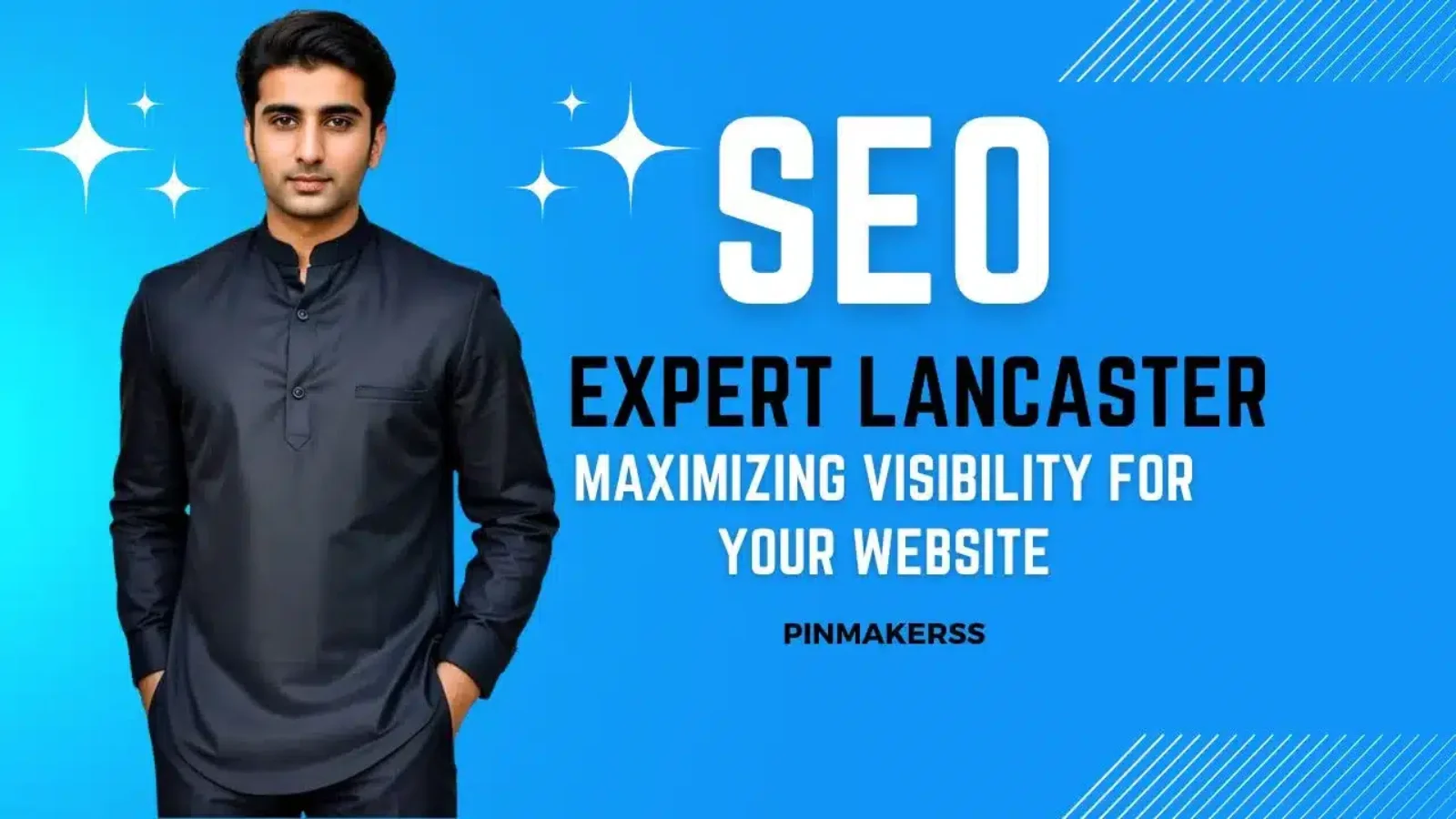 The image appears to be a part of a series for SEO experts in different cities, this time for Lancaster. It has a bright blue background with a man in the center, dressed in a dark kurta, giving a professional look to the advertisement. On the right side, there is text that states "SEO EXPERT LANCASTER" in large white letters, with "SEO" being more prominent than the rest of the text. Below that, a tagline reads "MAXIMIZING VISIBILITY FOR YOUR WEBSITE," implying the person’s expertise in increasing online visibility for clients' websites. The watermark "PINMAKERSS" is positioned at the bottom right of the image, signifying the brand or agency responsible for the advertisement. The design keeps a similar aesthetic to previous ones, suggesting a standardized branding approach. The layout is simple, with a focus on contrasting colors to make the information stand out.