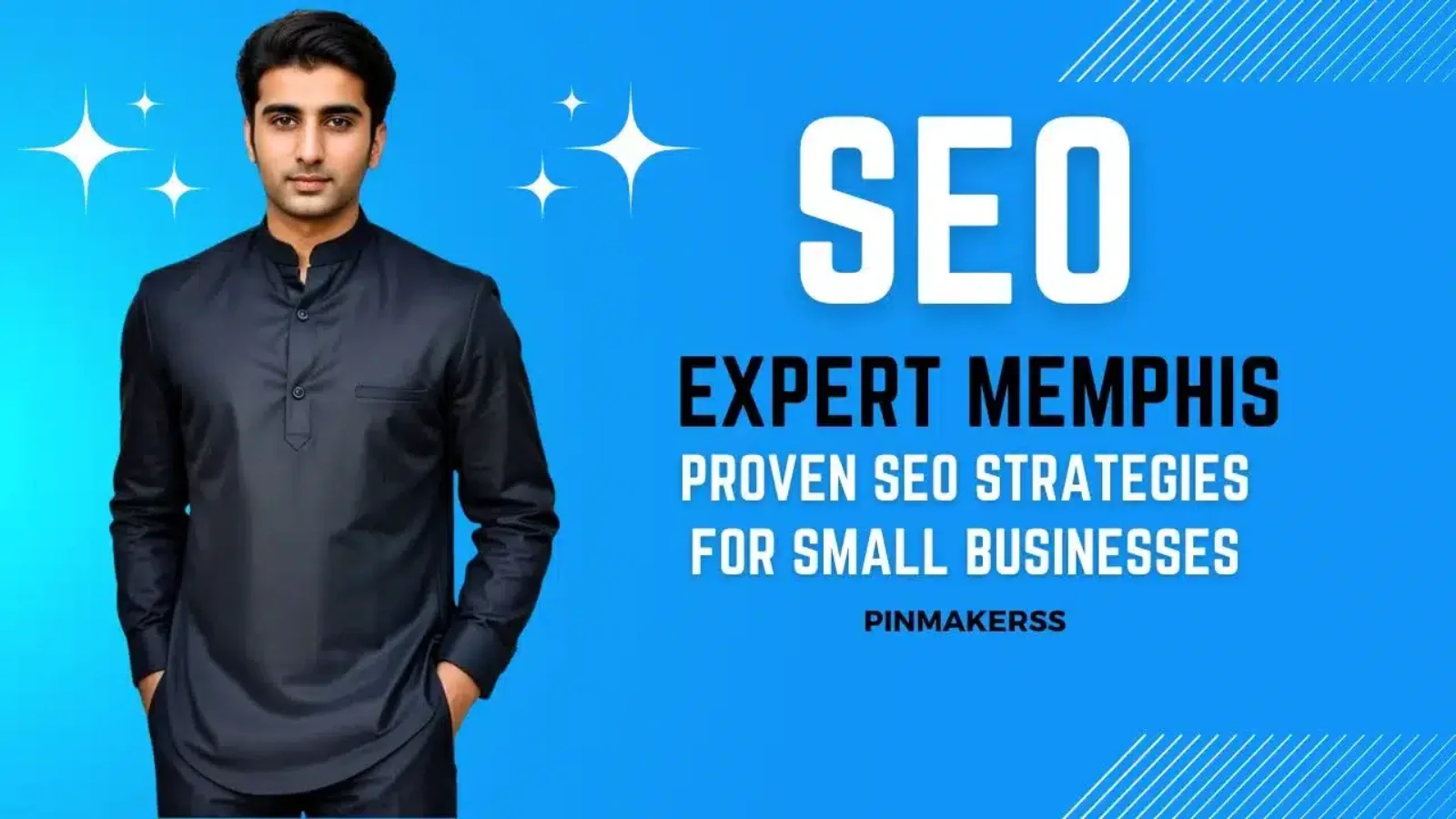 The image is a promotional graphic for an SEO expert in Memphis. It features a man in the center, wearing a dark kurta, against a blue background that creates a professional and sleek appearance. The text on the right of the man reads "SEO EXPERT MEMPHIS" in large white letters, with "SEO" standing out due to its larger font size. The statement "PROVEN SEO STRATEGIES FOR SMALL BUSINESSES" is placed below, indicating that the expert specializes in effective SEO practices tailored for small business needs. The name "PINMAKERSS" is visible at the bottom right, which likely represents the branding or the company offering the SEO services. The image maintains a consistent design theme seen in a series of similar promotional graphics, aimed at advertising specialized SEO services in various locations, this one being Memphis. The design strategy uses a clean and direct approach with contrasting colors to draw attention to the text and the individual's expertise in SEO.