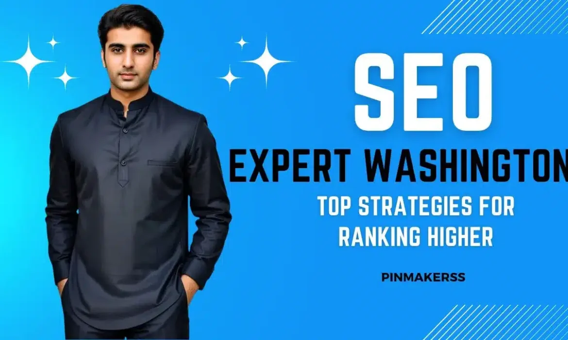 The image is a part of a series of promotional graphics for SEO experts in different cities. It features a man standing against a blue background, wearing a dark-colored traditional kurta. To his left are small white sparkles, which could be used to symbolize success or high quality. On the right side, the text "SEO EXPERT WASHINGTON" is written in large, white capital letters, with "SEO" prominently larger than the rest. Below this headline, a slogan reads "TOP STRATEGIES FOR RANKING HIGHER," suggesting the individual’s expertise in improving search engine rankings. The name "PINMAKERSS" is placed at the bottom right as a watermark or company signature. This image shares a consistent branding theme with previous images, indicating it's part of a marketing campaign to promote SEO services in various locations, with this one specifically targeting Washington. The overall design is clean, with a focus on simplicity and readability.