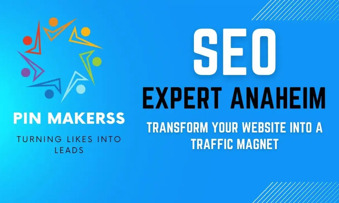 The image is a promotional graphic for "SEO Expert Anaheim." The background is a bright gradient of blue tones. On the left, there's a colorful logo with abstract human figures forming a circle, representing community or networking, with the text "PIN MAKERSS" underneath, followed by the tagline "TURNING LIKES INTO LEADS" in capital letters. On the right, in large, bold text the words "SEO EXPERT ANAHEIM" are prominent, with a persuasive subheading "TRANSFORM YOUR WEBSITE INTO A TRAFFIC MAGNET" below it. There's also a phone number provided at the bottom, "+1 (341) 208-1708," which suggests a way to contact the service directly. The design includes dynamic diagonal lines in the background, adding to the energetic feel of the graphic.