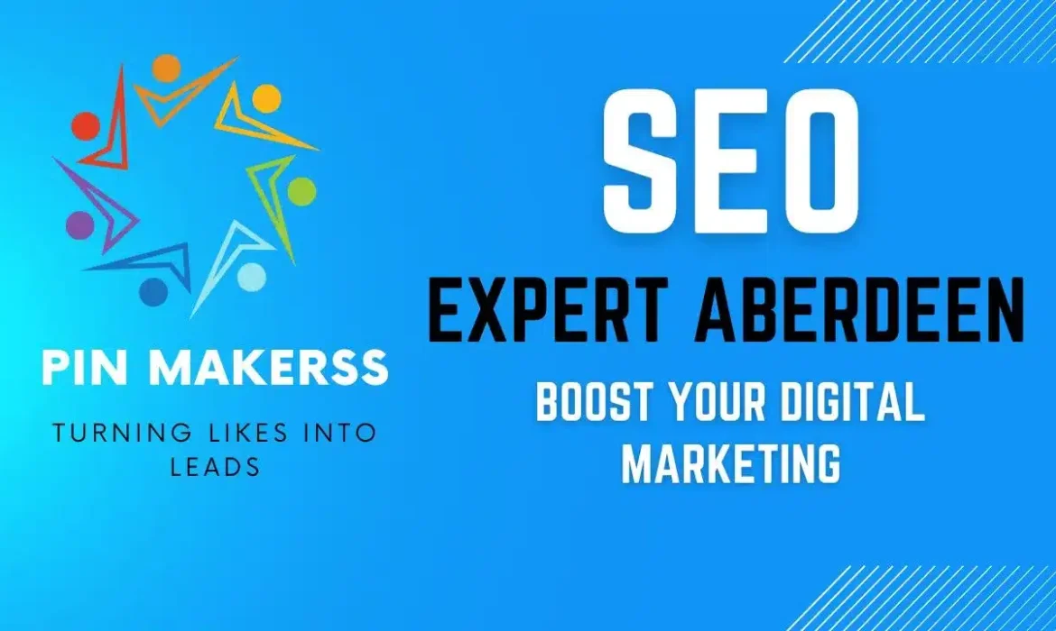 The image is a graphic with a predominantly blue background, incorporating a lighter blue and yellow color scheme for additional elements. It features the text "SEO EXPERT ABERDEEN" prominently in bold, capital letters, suggesting that the service being offered is focused on search engine optimization expertise in the Aberdeen area. Above this main text is the logo for "PIN MAKERSS," followed by the tagline "TURNING LIKES INTO LEADS," which implies that the business specializes in converting social media engagement into potential sales or business opportunities. Overall, the image appears to be an advertisement for SEO services provided by Pin Makerss, targeting clients who wish to enhance their digital marketing efforts.