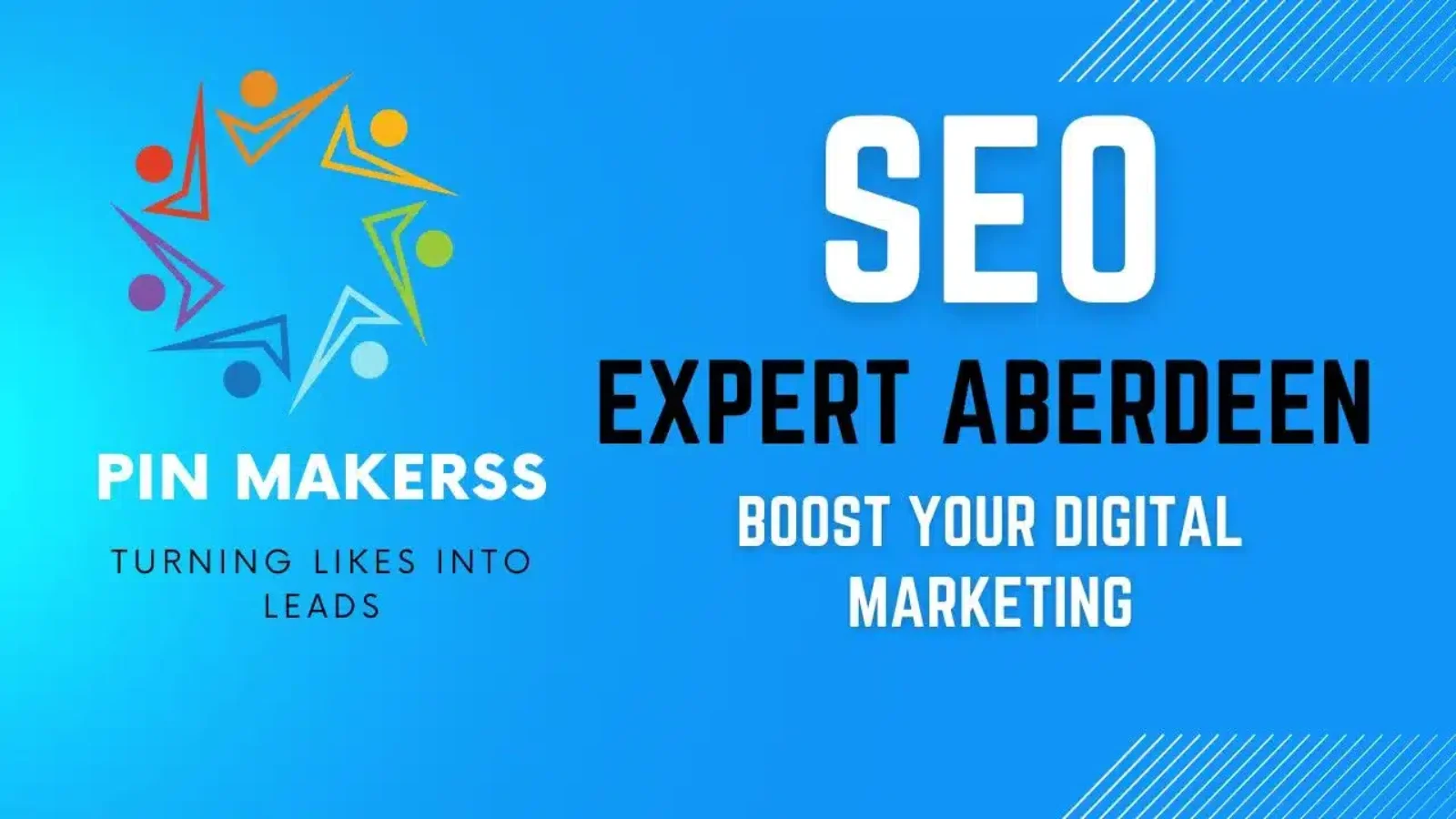 The image is a graphic with a predominantly blue background, incorporating a lighter blue and yellow color scheme for additional elements. It features the text "SEO EXPERT ABERDEEN" prominently in bold, capital letters, suggesting that the service being offered is focused on search engine optimization expertise in the Aberdeen area. Above this main text is the logo for "PIN MAKERSS," followed by the tagline "TURNING LIKES INTO LEADS," which implies that the business specializes in converting social media engagement into potential sales or business opportunities. Overall, the image appears to be an advertisement for SEO services provided by Pin Makerss, targeting clients who wish to enhance their digital marketing efforts.