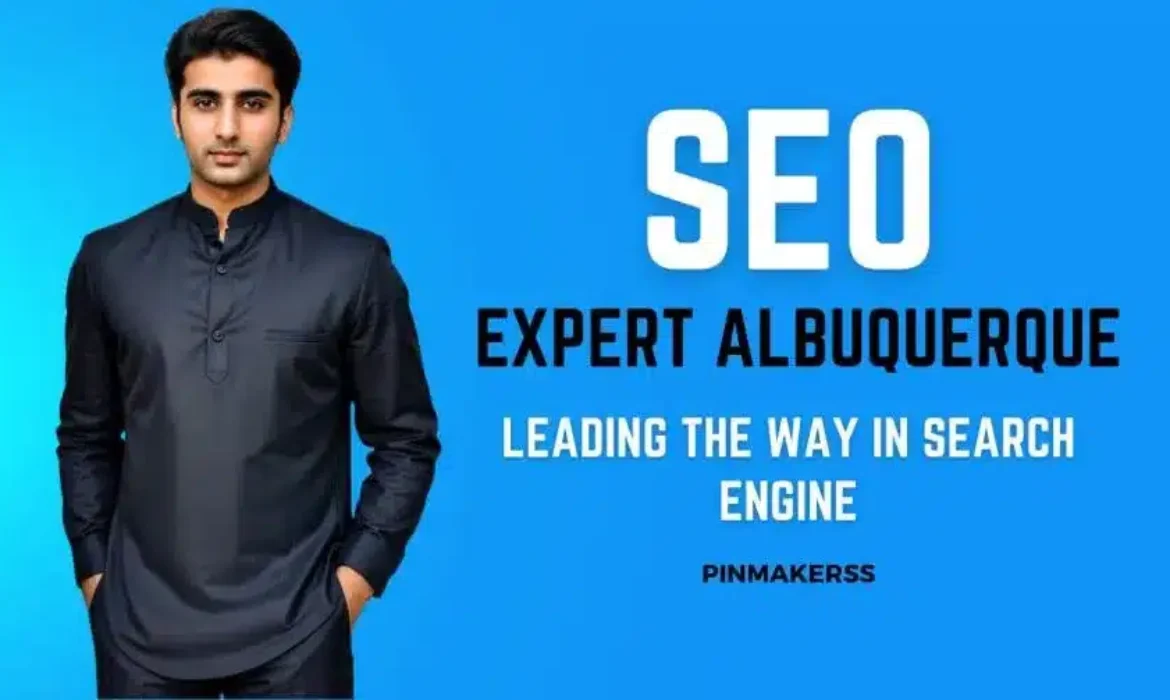 The image features a man in a black shirt standing against a blue background. On the top right, there's a white text that reads "SEO EXPERT ALBUQUERQUE" in bold uppercase letters. Below this text, in a smaller font, it says "LEADING THE WAY IN SEARCH ENGINE." The company name "PINMAKERSS" is placed in the lower right corner, suggesting the image is likely a promotional or branding material for SEO expertise services provided by Pin Makerss.