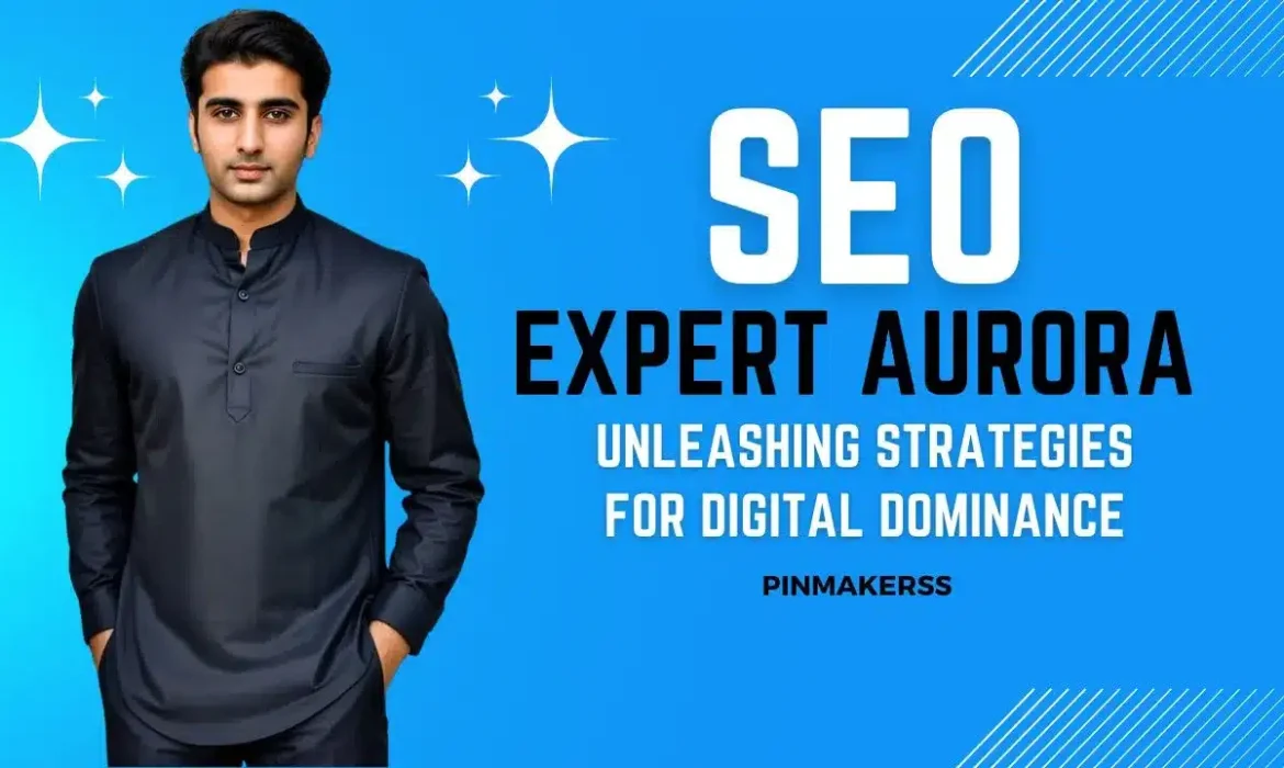 The image is a marketing graphic for an SEO expert in Aurora. It depicts a man in the center dressed in a dark kurta, standing against a bright blue background, which suggests a professional service. On the right side of the image, white text against the blue backdrop reads "SEO EXPERT AURORA," with "SEO" in a larger font for emphasis. The phrase "UNLEASHING STRATEGIES FOR DIGITAL DOMINANCE" is featured below the main text, implying that the expert specializes in powerful SEO strategies to dominate digital platforms. The brand name "PINMAKERSS" is situated in the bottom right corner, serving as the company signature or identifier. This image is part of a series that follows a consistent visual theme aimed at promoting SEO services for different locations, in this case, Aurora. The overall design of the image is sleek and contemporary, intended to attract viewers' attention to the advertised SEO services.