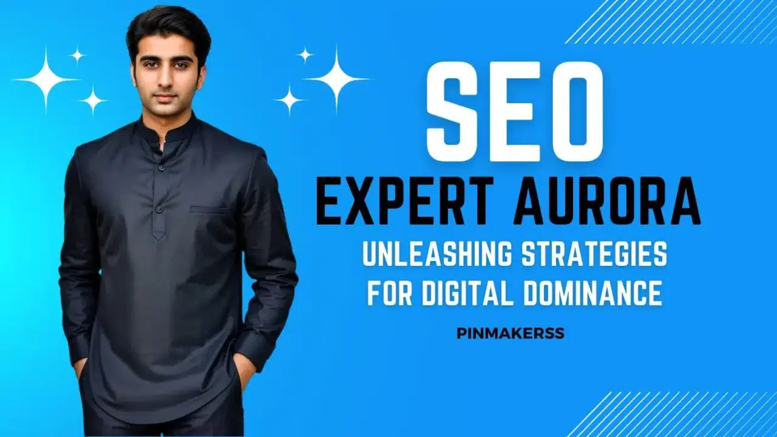 The image is a marketing graphic for an SEO expert in Aurora. It depicts a man in the center dressed in a dark kurta, standing against a bright blue background, which suggests a professional service. On the right side of the image, white text against the blue backdrop reads "SEO EXPERT AURORA," with "SEO" in a larger font for emphasis. The phrase "UNLEASHING STRATEGIES FOR DIGITAL DOMINANCE" is featured below the main text, implying that the expert specializes in powerful SEO strategies to dominate digital platforms. The brand name "PINMAKERSS" is situated in the bottom right corner, serving as the company signature or identifier. This image is part of a series that follows a consistent visual theme aimed at promoting SEO services for different locations, in this case, Aurora. The overall design of the image is sleek and contemporary, intended to attract viewers' attention to the advertised SEO services.