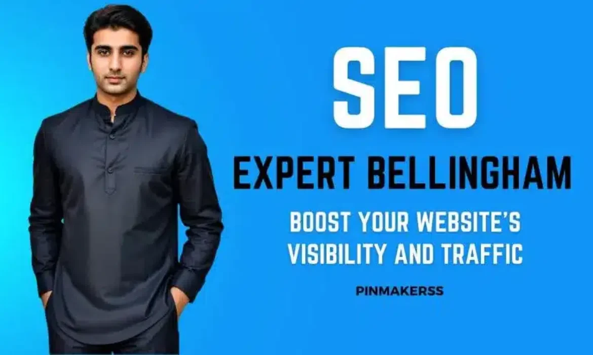 The image shows a person standing with a confident pose against a bright blue background. On the top left, there's the text "SEO" in white, and below it, "EXPERT BELLINGHAM" in bold letters. Beneath this title, there is a tagline that says "BOOST YOUR WEBSITE'S VISIBILITY AND TRAFFIC" in capital letters. In the bottom right corner of the image, the text "PINMAKERSS" appears, suggesting that this might be the company or brand associated with the image. The person in the image is dressed in a dark, buttoned shirt and is looking directly at the camera with a serious expression.