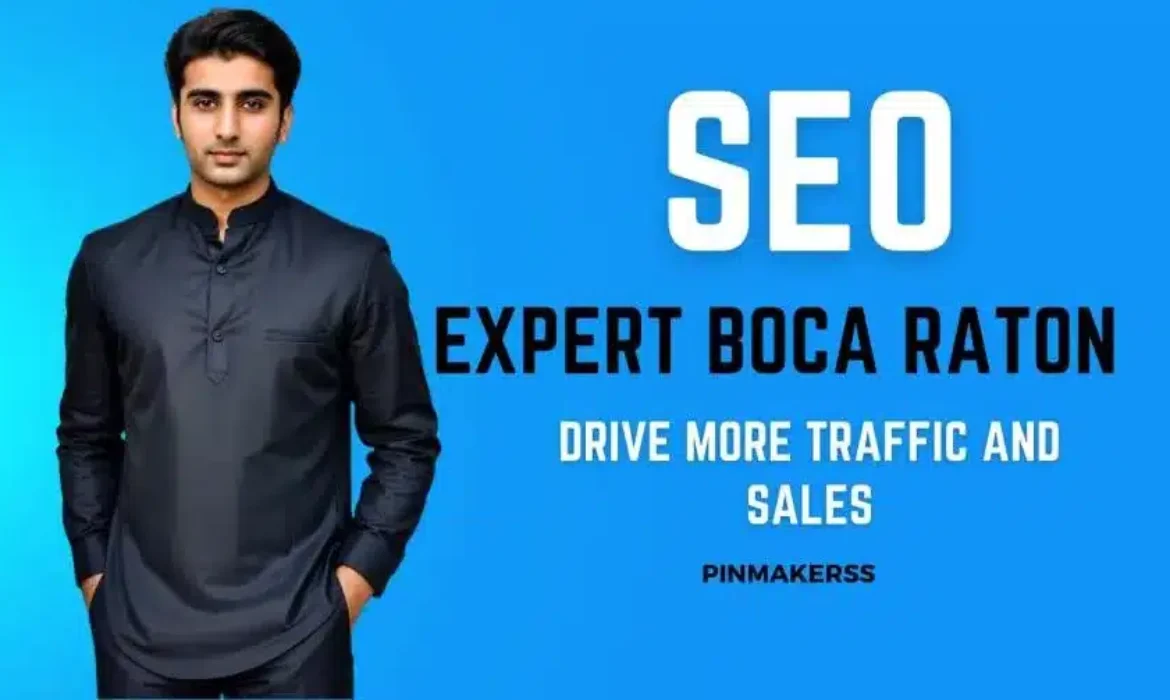 The image features an advertisement with a person standing against a solid blue background. The person wears a dark shirt, and their face is obscured by a brown rectangle. On the right side of the image, large white text reads “SEO EXPERT BOCA RATON.” Below this, smaller white text states “DRIVE MORE TRAFFIC AND SALES.” In the bottom right corner, there’s even smaller white text that reads “PINMAKERSS.” Overall, the ad promotes SEO services in Boca Raton, emphasizing expertise, traffic generation, and sales impact.