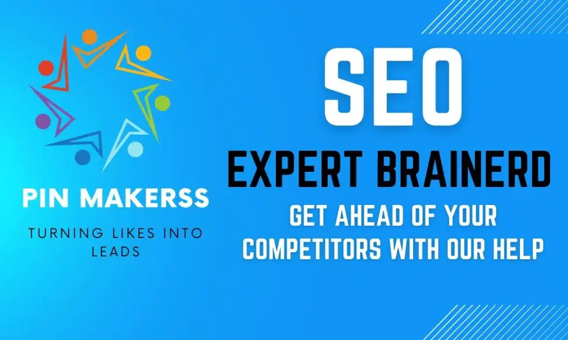 This image is a graphic design primarily in shades of blue. On the left side of the image is a symbol consisting of various colored abstract human figures arranged in a circle, suggesting connectivity or community. Above this symbol, in bold, capitalized letters is the name "PIN MAKERSS," and below it says "TURNING LIKES INTO LEADS" in smaller text, indicating a focus on social media engagement and lead generation. The right side of the image features large, bold text that reads "SEO EXPERT BRAINERD," with "SEO" emphasized in much larger font size. Beneath this, in a smaller font, it states "GET AHEAD OF YOUR COMPETITORS WITH OUR HELP," suggesting that the service offered will help businesses outperform their competition in search engine rankings. The overall design seems to be an advertisement for SEO expertise provided by "Pin Makerss," specifically for the Brainerd area. The background features a light to dark blue gradient, and there are diagonal white lines in the top right corner for added visual effect.