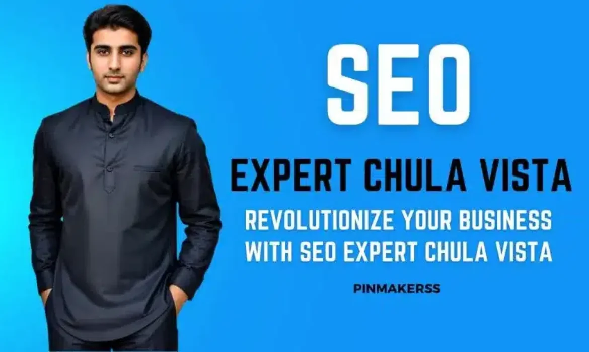 This image features a young man dressed in a smart black collared shirt standing against a bright blue background. To his right, there's bold white text that reads "SEO EXPERT CHULA VISTA" followed by a tagline "REVOLUTIONIZE YOUR BUSINESS WITH SEO EXPERT CHULA VISTA" underneath. In the bottom right corner, there's a logo or watermark that says "PINMAKERSS". The design is clean, with a corporate aesthetic, and seems to be promotional material for SEO services in Chula Vista.