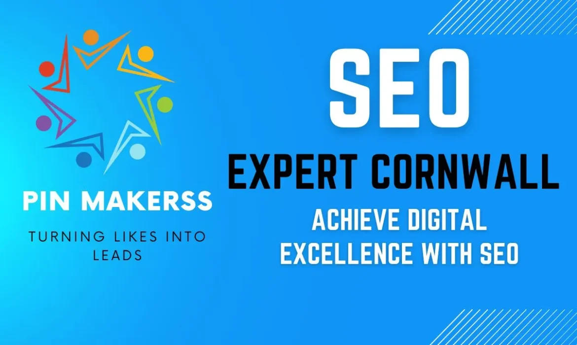 This image is a digital advertisement or banner. On the left side, there's a logo consisting of abstract human figures in a circle, representing community or collaboration, and below it, the text "PIN MAKERSS" followed by the slogan "TURNING LIKES INTO LEADS." The right side of the image features bold text that reads "SEO EXPERT CORNWALL" on top, with a statement "ACHIEVE DIGITAL EXCELLENCE WITH SEO" beneath it, emphasizing the expertise in search engine optimization. The background has two main colors: a gradient of blue tones, and there's a phone number provided at the bottom: "+1 (341) 208-1708." The overall design suggests professional digital marketing and SEO services offered by the entity named 'Pin Makerss'.