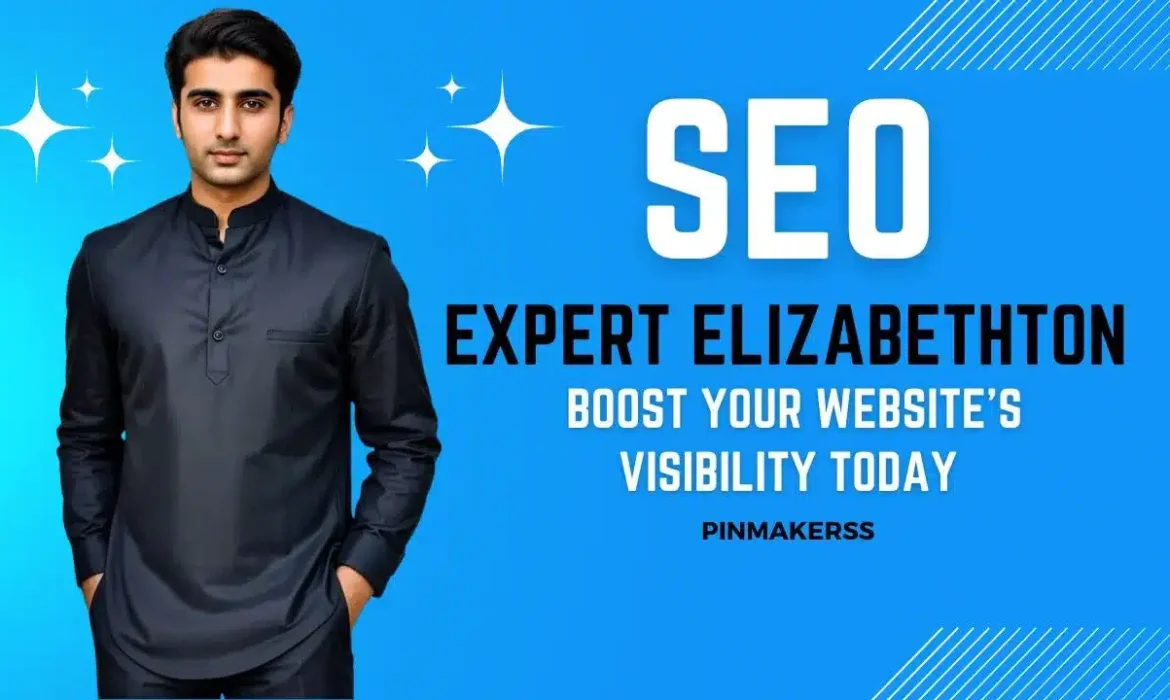 The image is a promotional graphic for an SEO expert in Elizabethton. It features a man in the center dressed in a dark kurta against a blue background, projecting a professional image. To the right of the man, the text reads "SEO EXPERT ELIZABETHTON" in large, white capital letters, with "SEO" accentuated in size. Below the main text, a slogan states "BOOST YOUR WEBSITE'S VISIBILITY TODAY," suggesting a service offering immediate improvements in website search visibility. The company or brand name "PINMAKERSS" is shown at the bottom right, acting as a watermark. This image is consistent with a series of similar promotional materials, likely aimed at advertising SEO services to a localized market, with this specific graphic targeting Elizabethton. The design is straightforward and visually striking, with a clear message about the benefits of the SEO services offered.