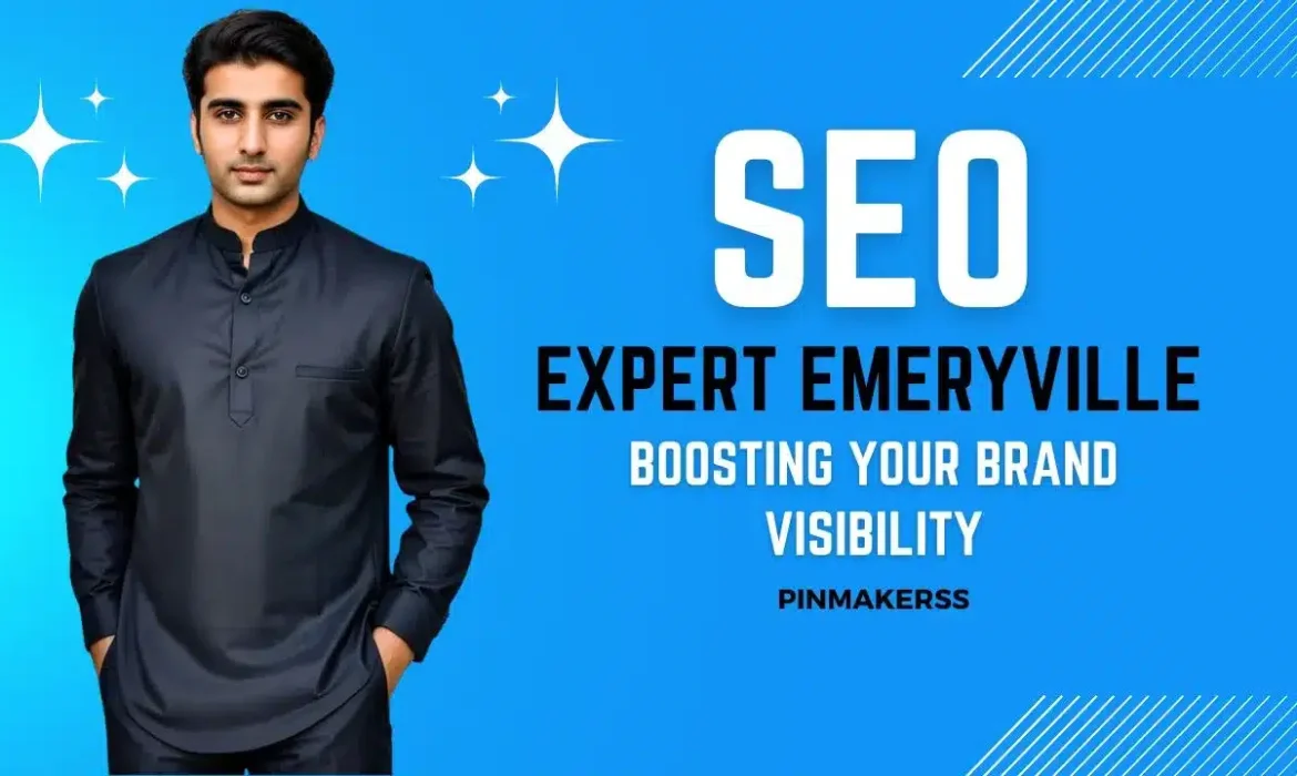 The image features a professional design primarily in blue tones with text overlay. A man is standing confidently in the center, dressed in a sleek, dark-colored traditional kurta. The background is a vivid blue with lighter blue accents and sparkles around the upper left side, indicating radiance or excellence. On the right, large white letters spell out "SEO EXPERT EMERYVILLE," and just beneath in a smaller font, it says "BOOSTING YOUR BRAND VISIBILITY." The text is bold and designed to capture attention. The bottom right corner carries a watermark or signature that reads "PINMAKERSS." The overall impression is of a promotional or advertising nature, likely for SEO services in Emeryville.