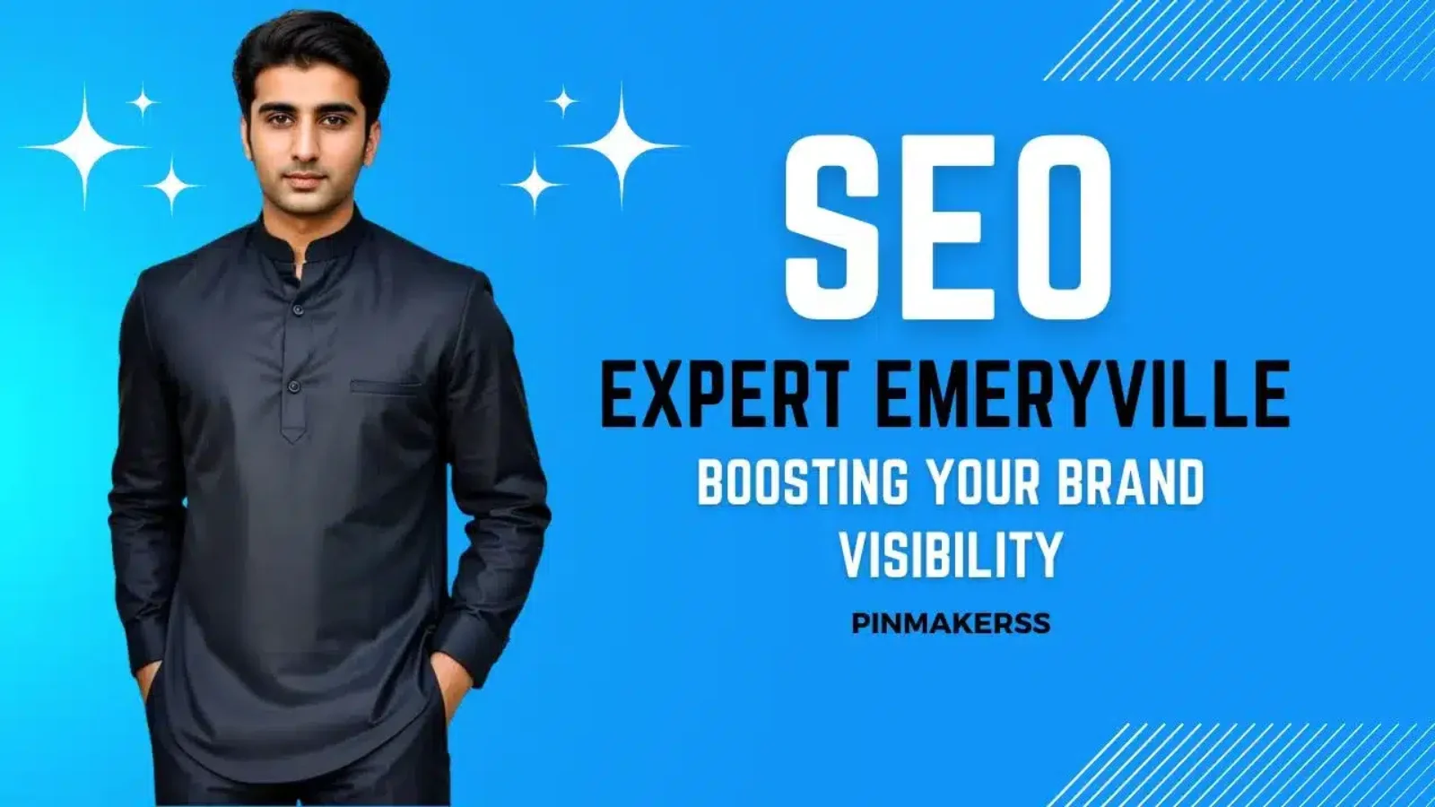 The image features a professional design primarily in blue tones with text overlay. A man is standing confidently in the center, dressed in a sleek, dark-colored traditional kurta. The background is a vivid blue with lighter blue accents and sparkles around the upper left side, indicating radiance or excellence. On the right, large white letters spell out "SEO EXPERT EMERYVILLE," and just beneath in a smaller font, it says "BOOSTING YOUR BRAND VISIBILITY." The text is bold and designed to capture attention. The bottom right corner carries a watermark or signature that reads "PINMAKERSS." The overall impression is of a promotional or advertising nature, likely for SEO services in Emeryville.