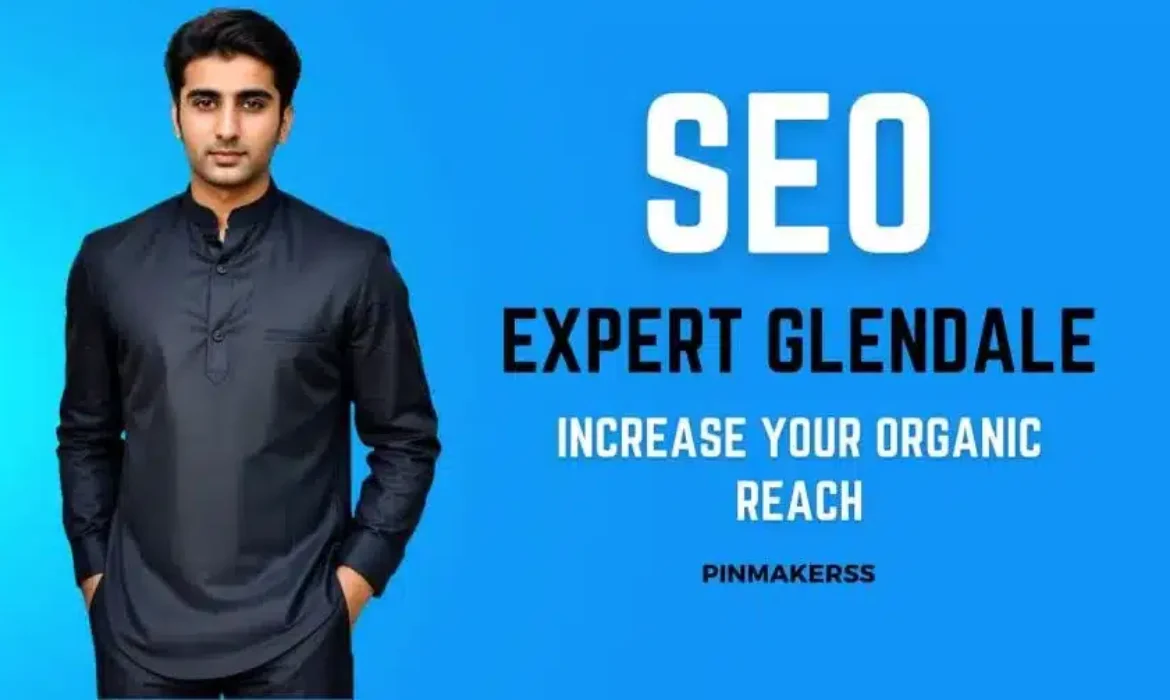 The image is a promotional graphic featuring a man standing to the left side of the frame. He’s wearing a smart, dark-colored shirt and is set against a bright blue background. To his right, there's large white text that reads “SEO EXPERT GLENDALE,” followed by a smaller subheading which states “INCREASE YOUR ORGANIC REACH.” At the bottom right corner, there's a logo or a signature that reads “PINMAKERSS.” The design is sleek and professional, likely intended for advertising SEO services.