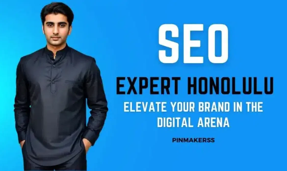 The image features a person standing against a bright blue background. The person’s face is obscured by a brown rectangle. On the right side of the image, large white text reads “SEO EXPERT HONOLULU.” Below this headline, smaller white text states “ELEVATE YOUR BRAND IN THE DIGITAL ARENA.” In the bottom right corner, there’s additional text that reads “PINMAKERSS.” The overall composition suggests a promotional graphic for SEO services in Honolulu.