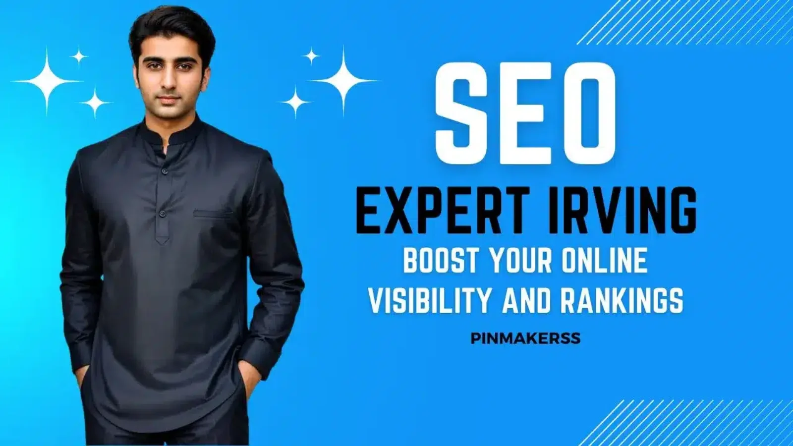 The image is a promotional graphic for an SEO expert. There's a man dressed in a modern, dark-colored shirt centered in the image. Behind him is a bright blue background that fades into a lighter shade towards the bottom. To the right, there's text that reads "SEO EXPERT IRVING" in large, bold, white letters. Underneath, there is a tagline saying "BOOST YOUR ONLINE VISIBILITY AND RANKINGS." The company name "PINMAKERSS" is also visible. The overall design uses sharp, clean lines and a color contrast that stands out, likely aiming to attract attention to the SEO services offered.