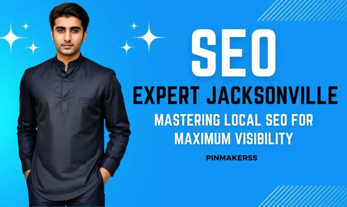 The image features a man standing against a vibrant blue background. He's wearing a dark, buttoned-up shirt with a standing collar and long sleeves. To the right of the man, there's text in large, bold font that reads "SEO EXPERT JACKSONVILLE." Beneath this, in smaller text, it says "MASTERING LOCAL SEO FOR MAXIMUM VISIBILITY." In the bottom right corner, there's a tag that reads "PINMAKERSS." The image has a professional look with a promotional purpose, likely for marketing the services of an SEO expert in Jacksonville. There are graphic elements like stars and diagonal lines to add visual interest and emphasize the man's expertise.