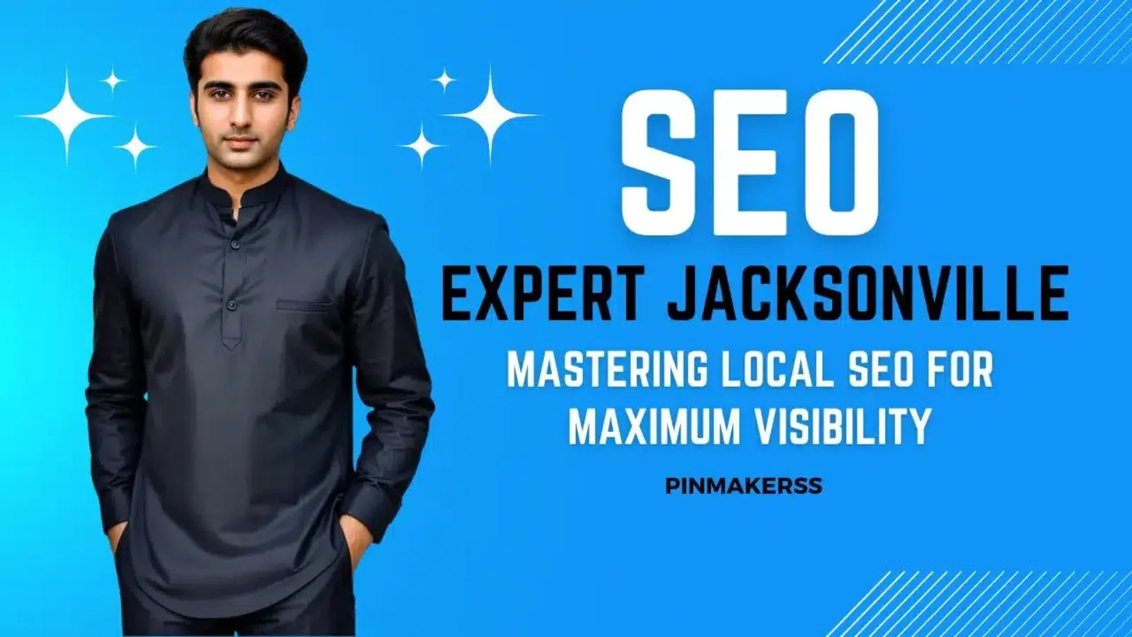 The image features a man standing against a vibrant blue background. He's wearing a dark, buttoned-up shirt with a standing collar and long sleeves. To the right of the man, there's text in large, bold font that reads "SEO EXPERT JACKSONVILLE." Beneath this, in smaller text, it says "MASTERING LOCAL SEO FOR MAXIMUM VISIBILITY." In the bottom right corner, there's a tag that reads "PINMAKERSS." The image has a professional look with a promotional purpose, likely for marketing the services of an SEO expert in Jacksonville. There are graphic elements like stars and diagonal lines to add visual interest and emphasize the man's expertise.