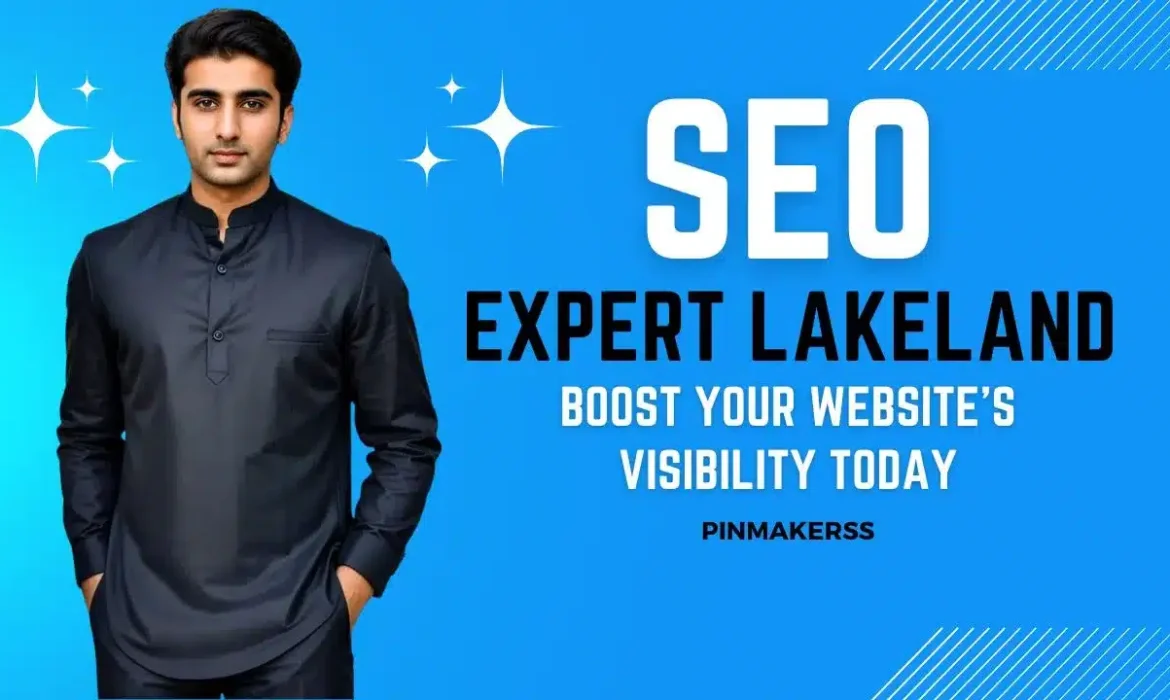 The image is a part of a promotional series for SEO services. It showcases a man against a bright blue background, dressed in a professional, dark-colored kurta. The right side of the image features the text "SEO EXPERT LAKELAND" in large white letters, with "SEO" appearing more prominently than the other text. Beneath this, a slogan reads "BOOST YOUR WEBSITE'S VISIBILITY TODAY," suggesting that the expert offers services to increase the online presence of websites immediately. The brand name "PINMAKERSS" is placed at the bottom right corner as a signature or company identifier. This graphic follows a similar design pattern as other images in the series, aiming to market SEO expertise in the Lakeland area. The design is clean and modern, with the intention of clearly communicating the professional service offered.