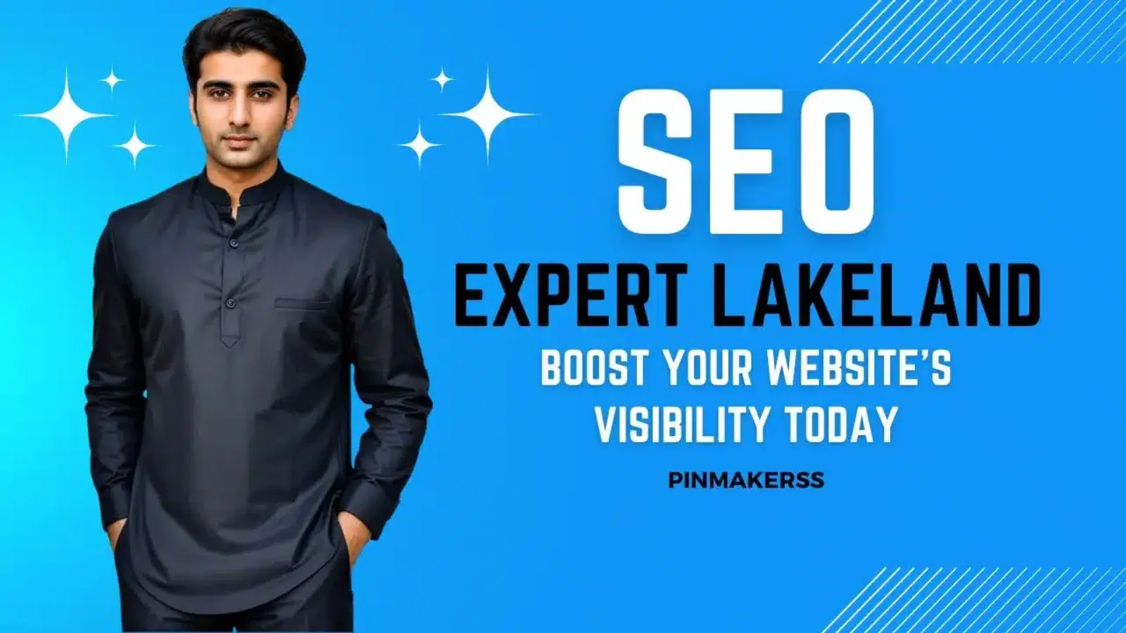 The image is a part of a promotional series for SEO services. It showcases a man against a bright blue background, dressed in a professional, dark-colored kurta. The right side of the image features the text "SEO EXPERT LAKELAND" in large white letters, with "SEO" appearing more prominently than the other text. Beneath this, a slogan reads "BOOST YOUR WEBSITE'S VISIBILITY TODAY," suggesting that the expert offers services to increase the online presence of websites immediately. The brand name "PINMAKERSS" is placed at the bottom right corner as a signature or company identifier. This graphic follows a similar design pattern as other images in the series, aiming to market SEO expertise in the Lakeland area. The design is clean and modern, with the intention of clearly communicating the professional service offered.