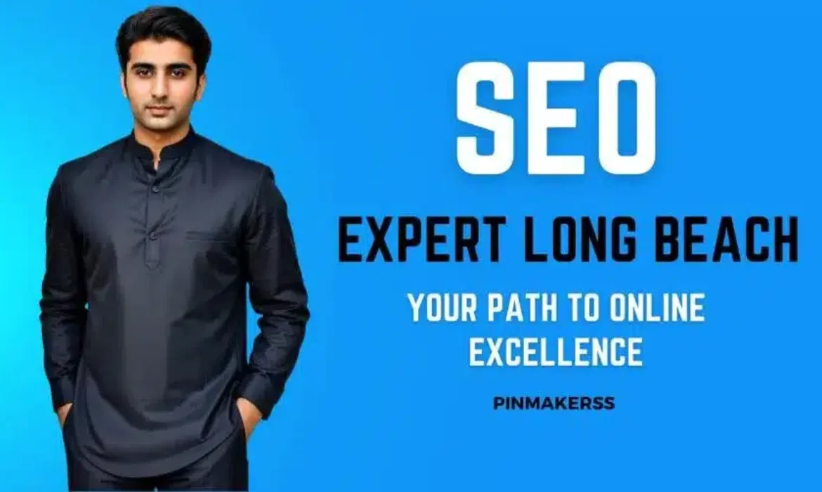 The image is a promotional graphic that features a man standing with confidence. He's dressed in a sleek, dark-colored kurta, which gives a professional yet culturally rooted appearance. Behind him is a solid blue background that provides a striking contrast to his attire and accentuates the text displayed prominently on the graphic. The text reads "SEO EXPERT LONG BEACH," in large, bold, white capital letters, indicating a strong specialization in SEO within the Long Beach area. Beneath this text is the phrase "YOUR PATH TO ONLINE EXCELLENCE," which suggests a promise of guiding clients to achieve superior online performance. The bottom right corner has the identifier "PINMAKERSS," presumably the name of the company or agency offering the SEO services. The overall image conveys a professional branding message aimed at attracting individuals or businesses looking for expert SEO consultation or services in Long Beach.