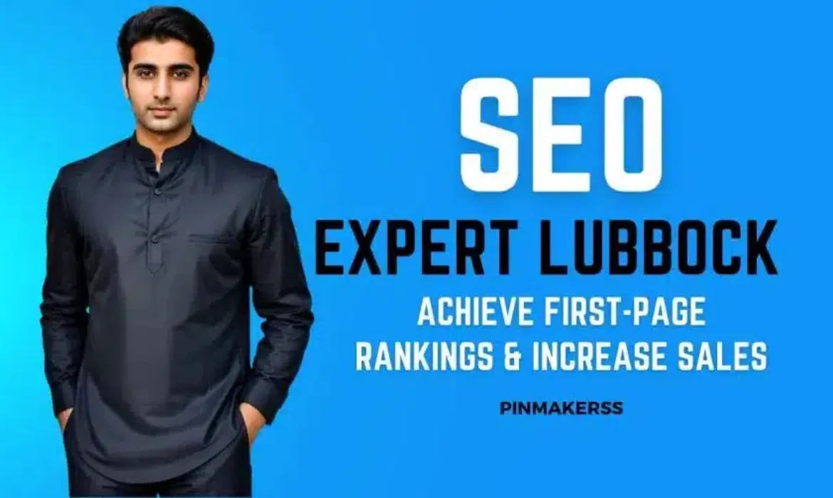 The image is a promotional banner featuring a man in a black shirt standing against a blue background. On the right side, large white text reads "SEO EXPERT LUBBOCK" followed by a subheading in smaller white font that says "ACHIEVE FIRST-PAGE RANKINGS & INCREASE SALES". Below the subheading is the logo or name "PINMAKERSS" in white text. The overall design is clean and professional, emphasizing the SEO expertise offered for the Lubbock area.