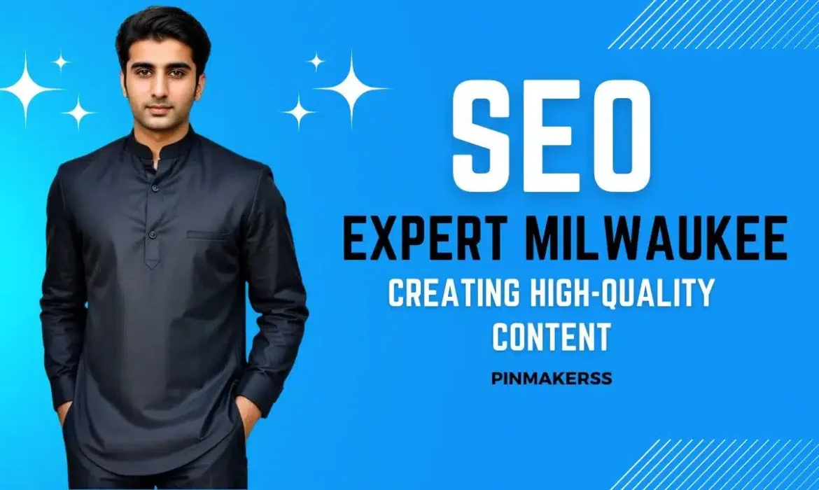 The image is a promotional advertisement featuring a young man in professional attire. The ad is for "SEO EXPERT MILWAUKEE" and emphasizes the creation of high-quality content. The design is vibrant with blue tones and graphical elements like stars, indicating a dynamic and energetic branding approach. And there is also a mention of "PINMAKERSS," which might be the name of the firm or the campaign.