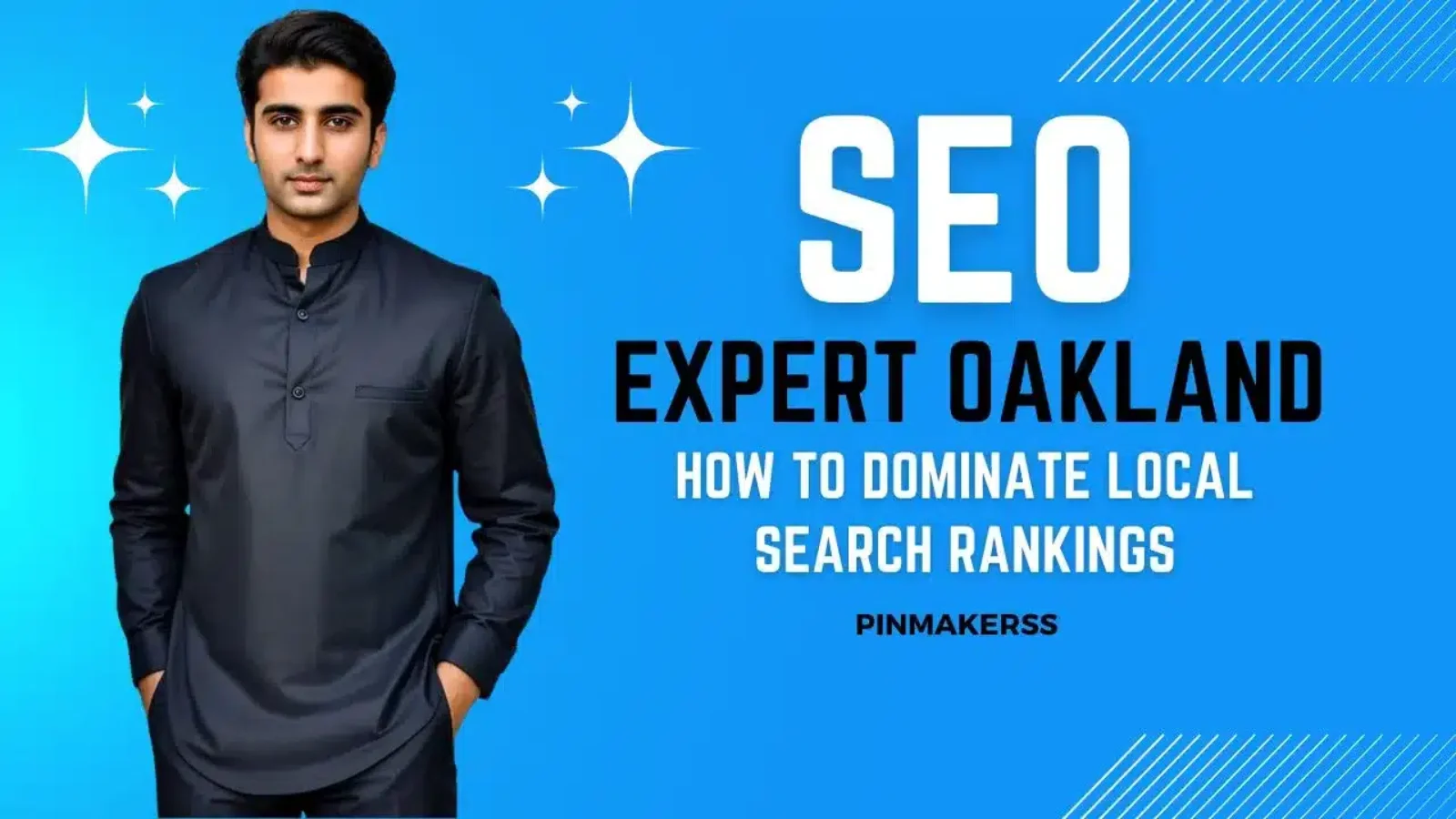 The image is a promotional graphic for an SEO expert in Oakland. It features a man dressed in a dark kurta, centered against a vibrant blue background. This lends the image a professional look appropriate for business marketing materials. On the right side, the text "SEO EXPERT OAKLAND" is displayed in large white letters, with "SEO" emphasized by its larger font size. Below this, it reads "HOW TO DOMINATE LOCAL SEARCH RANKINGS," suggesting the expert's capability in improving local SEO performance. The company or brand name "PINMAKERSS" appears at the bottom right corner of the image, serving as a signature. The design is consistent with a series targeting different locations for SEO services, with this particular image focused on Oakland. The overall aesthetic is clean and modern, designed to attract attention to the SEO services offered.