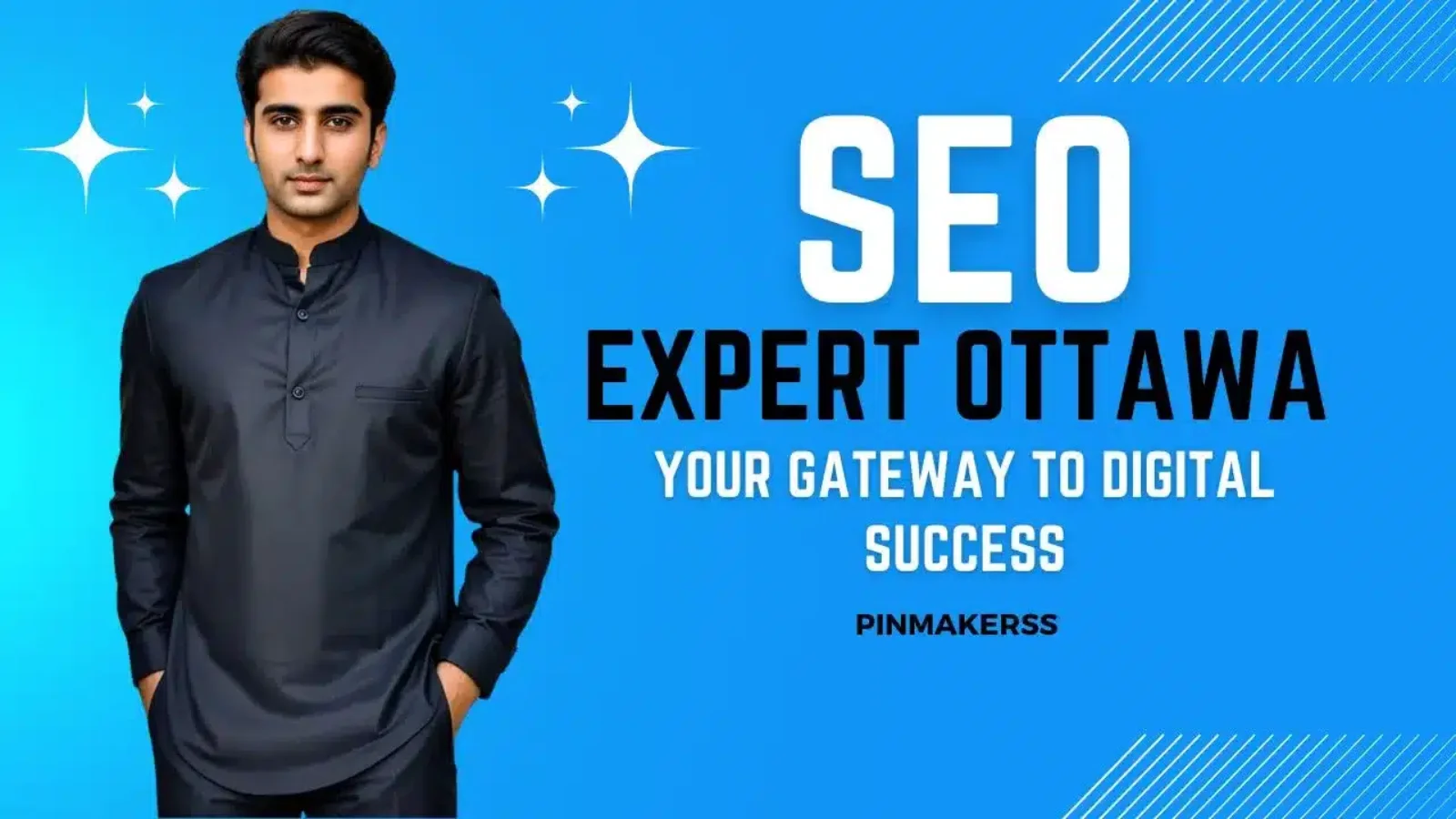 The image is a professional promotional graphic for an SEO expert in Ottawa. In the center, there’s a man dressed in a dark kurta standing against a bright blue background, conveying a sense of professionalism and expertise. To the right of the man, the text "SEO EXPERT OTTAWA" is displayed in large white capital letters. Below this headline, it reads "YOUR GATEWAY TO DIGITAL SUCCESS," implying that the expert can significantly improve digital performance. The brand "PINMAKERSS" is noted at the bottom right, identifying the company or individual behind the service. The graphic is part of a series targeting various locations, with this one specifically focusing on Ottawa. It uses a clean design with strong contrast to emphasize the message and draw attention to the advertised services.