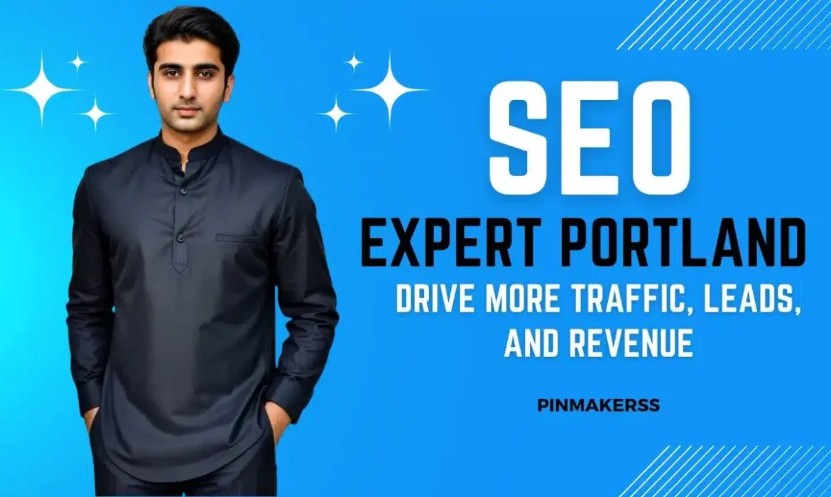 The image is a professional promotional graphic featuring a man in the center against a vibrant blue background. He is wearing a smart, dark-colored traditional kurta. To the left of the man are a few small white sparkles, suggesting a clean, high-quality image or perhaps signifying excellence. To the right of the man, the text "SEO EXPERT PORTLAND" is displayed in large white letters, with "SEO" being significantly larger than the other text for emphasis. Below this, in smaller font size, the text continues with "DRIVE MORE TRAFFIC, LEADS, AND REVENUE," indicating the services offered by the SEO expert. The lower right-hand corner of the image features the watermark "PINMAKERSS." The overall design is polished, using a blend of large and impactful text to convey the professional's specialty and the benefits of their services. The bright background and clean graphics suggest a dynamic and effective approach to SEO in Portland.