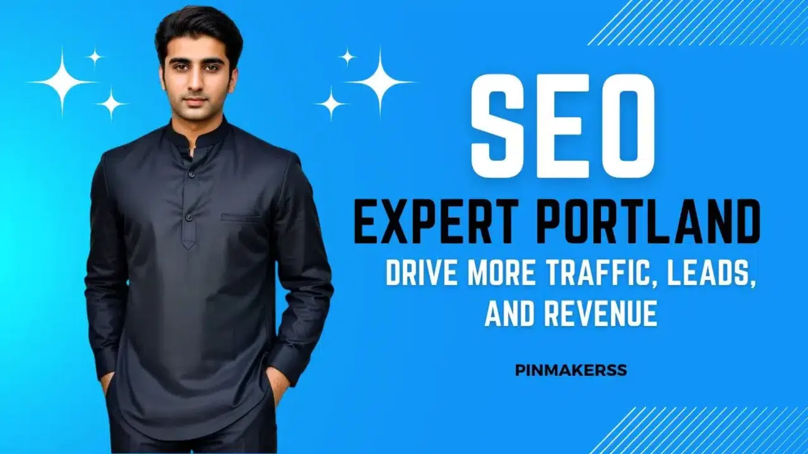 The image is a professional promotional graphic featuring a man in the center against a vibrant blue background. He is wearing a smart, dark-colored traditional kurta. To the left of the man are a few small white sparkles, suggesting a clean, high-quality image or perhaps signifying excellence. To the right of the man, the text "SEO EXPERT PORTLAND" is displayed in large white letters, with "SEO" being significantly larger than the other text for emphasis. Below this, in smaller font size, the text continues with "DRIVE MORE TRAFFIC, LEADS, AND REVENUE," indicating the services offered by the SEO expert. The lower right-hand corner of the image features the watermark "PINMAKERSS." The overall design is polished, using a blend of large and impactful text to convey the professional's specialty and the benefits of their services. The bright background and clean graphics suggest a dynamic and effective approach to SEO in Portland.