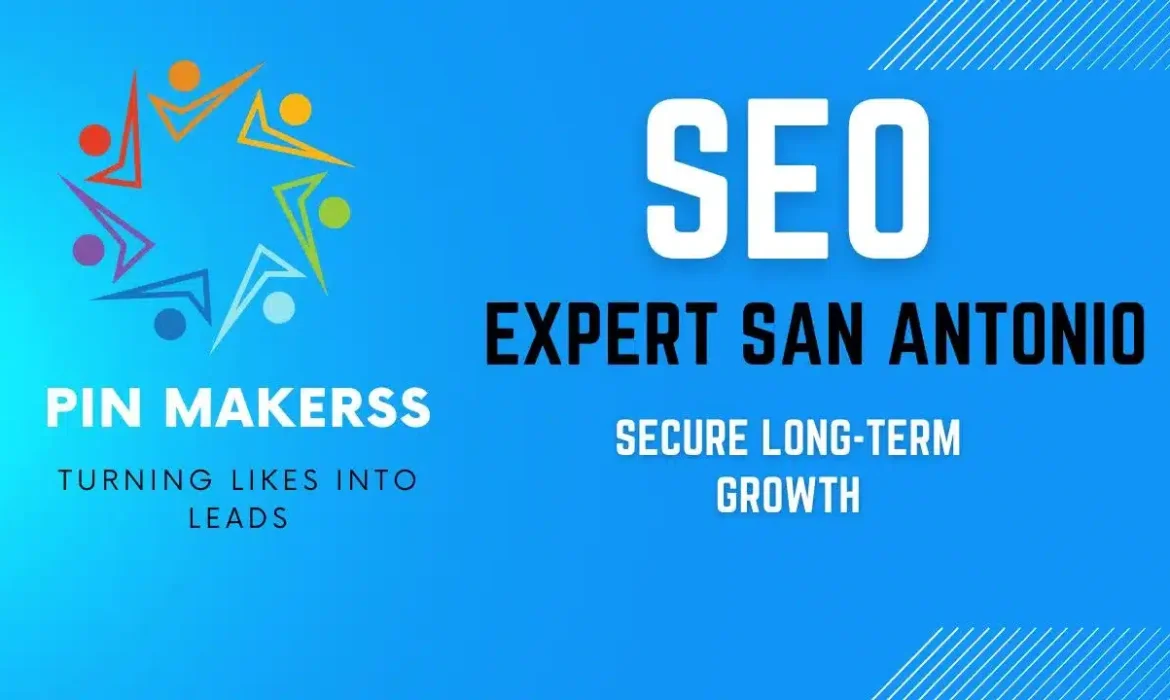 The image is a digital banner with a vibrant blue background that fades into a lighter shade towards the right side. On the left, there's a colorful abstract logo with the text "PIN MAKERSS" beneath it, and the slogan "TURNING LIKES INTO LEADS" in smaller font. Centered on the right side of the banner, in bold white text, it reads "SEO EXPERT SAN ANTONIO" above a smaller subheading "SECURE LONG-TERM GROWTH". The design has a dynamic feel with geometric shapes and lines in the background.