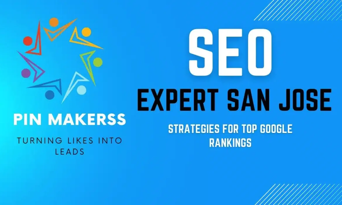 The image appears to be a digital advertisement or a web banner. It features a bright blue gradient background that fades to lighter shades at the top and bottom. On the left side of the image, there's a colorful abstract logo with a design that somewhat resembles a group of people or a network of connections. Adjacent to this logo, the text "PIN MAKERSS" is written in uppercase letters with a tagline below that reads "TURNING LIKES INTO LEADS." On the right side of the image, in a larger, bold font, the text "SEO" is placed above "EXPERT SAN JOSE," highlighting the service being advertised. Beneath this, there's a smaller text that says "STRATEGIES FOR TOP GOOGLE RANKINGS," which suggests the type of service being offered—helping clients achieve high rankings on Google. At the bottom of the image, there's a phone number provided "+1 (341) 208-1708," indicating a way for potential clients to contact the service provider. The overall design suggests a professional service aimed at improving SEO and digital marketing performance.