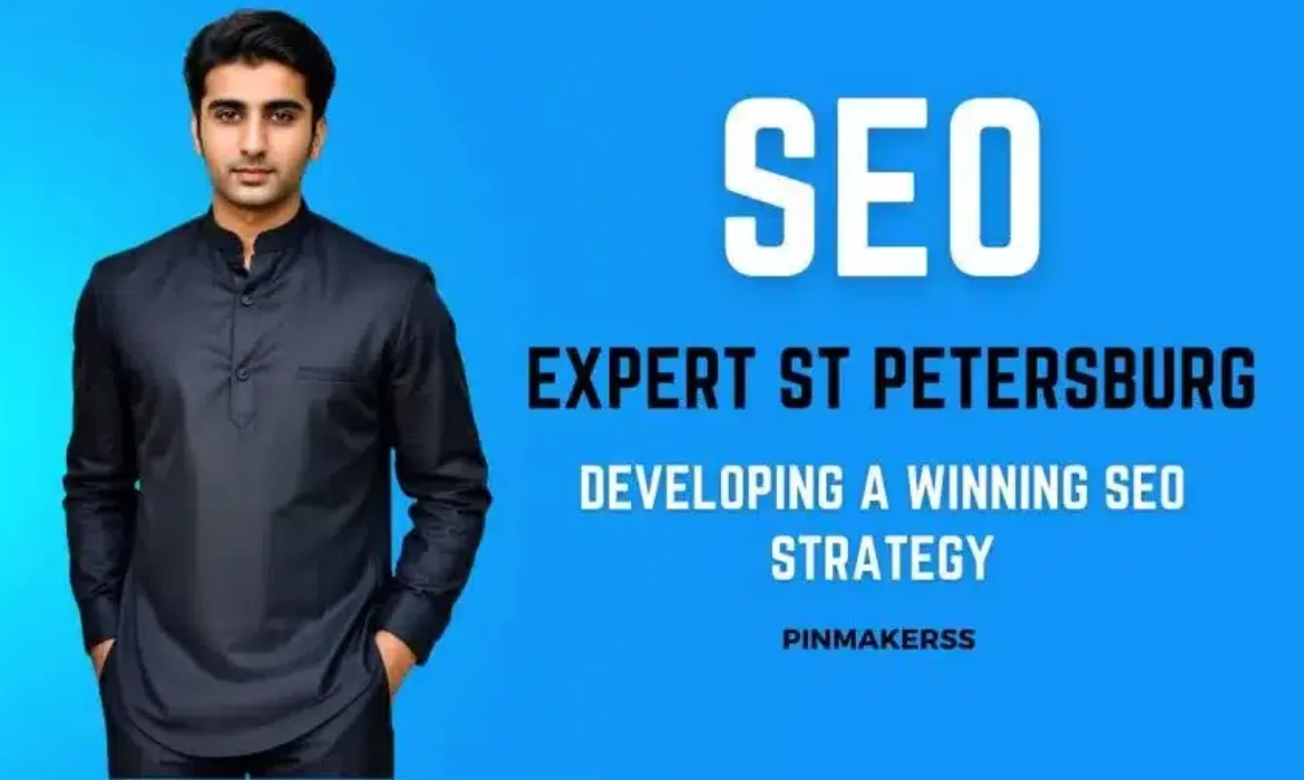 The image features a man standing with his hands by his sides against a bright blue background. He is wearing a dark-colored, buttoned-up shirt. On the right side of the image, there's bold white text that reads "SEO EXPERT ST PETERSBURG," beneath which, in smaller white font, the phrase "DEVELOPING A WINNING SEO STRATEGY" is written. Below this text is the word "PINMAKERSS" in smaller font and white uppercase letters. The overall design is clean, with a professional and promotional style suitable for marketing or personal branding purposes.