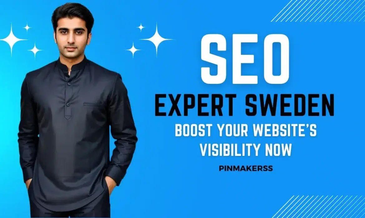 This is an advertisement banner featuring a male model. The backdrop is a gradient of light to dark blue with a graphical element that resembles a white speedometer on the right side, symbolizing speed or performance. The model is centered and dressed in a smart, dark button-up shirt. To the left of the model, in bold white and yellow font, reads "SEO EXPERT SWEDEN," followed by a tagline "BOOST YOUR WEBSITE'S VISIBILITY NOW." Below this text, there's a blue logo for "PINMAKERSS" The overall design suggests professional services aimed at improving SEO for clients in Sweden.