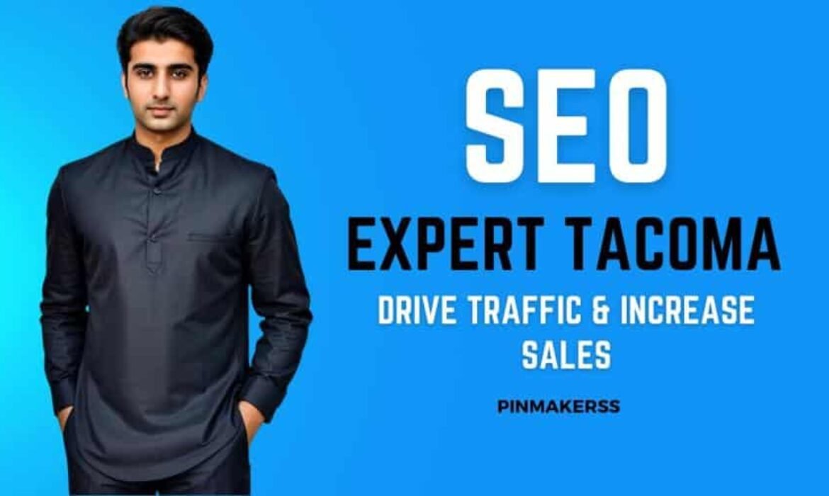 The image features a professional advertisement or promotional graphic. In the center, there's a young man dressed in a sleek, dark long-sleeve shirt, standing confidently with his hands by his sides. The background is a solid, vivid blue that adds a vibrant contrast to the design. Prominently displayed to the left of the man, in large, bold white font, is the text "SEO EXPERT TACOMA". Below this main title, in slightly smaller font, is the phrase "DRIVE TRAFFIC & INCREASE SALES", serving as a compelling call to action or statement of the services provided. In the bottom right corner, there's a logo or company name, "PINMAKERSS", indicating the brand or entity behind the advertisement. The overall design is clean, modern, and suggests a professional service offering SEO expertise.