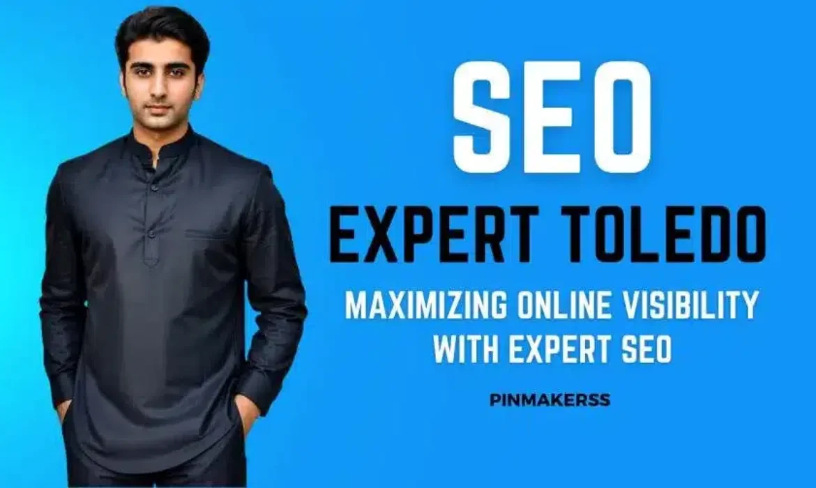 The image appears to be a promotional graphic with a professional and clean design. It features a man in a smart, dark-colored shirt standing with his arms at his sides. The background is a vibrant blue, providing a strong contrast that makes the text stand out. At the top, in bold, white capital letters, it reads "SEO EXPERT TOLEDO." Beneath this, in a smaller font, is the statement "MAXIMIZING ONLINE VISIBILITY WITH EXPERT SEO," which suggests the services being advertised are specialized in improving online presence through SEO. In the bottom right corner, there's a logo or a sign-off that reads "PINMAKERSS," possibly the name of the agency or the individual's brand. The overall presentation is sleek and suggests a professional service offering in the field of SEO.