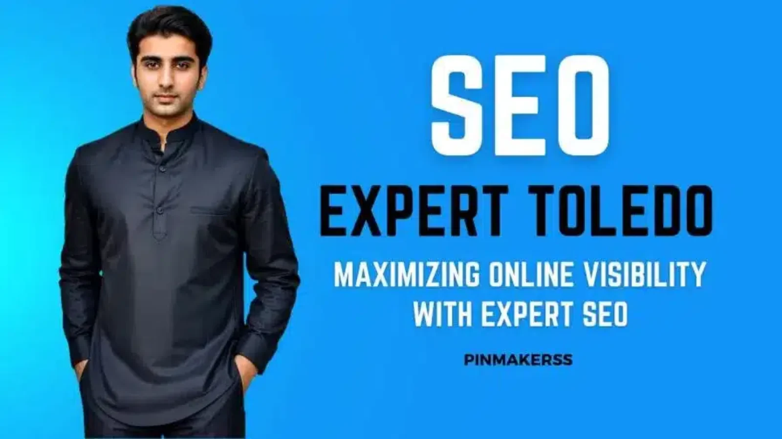 The image appears to be a promotional graphic with a professional and clean design. It features a man in a smart, dark-colored shirt standing with his arms at his sides. The background is a vibrant blue, providing a strong contrast that makes the text stand out. At the top, in bold, white capital letters, it reads "SEO EXPERT TOLEDO." Beneath this, in a smaller font, is the statement "MAXIMIZING ONLINE VISIBILITY WITH EXPERT SEO," which suggests the services being advertised are specialized in improving online presence through SEO. In the bottom right corner, there's a logo or a sign-off that reads "PINMAKERSS," possibly the name of the agency or the individual's brand. The overall presentation is sleek and suggests a professional service offering in the field of SEO.