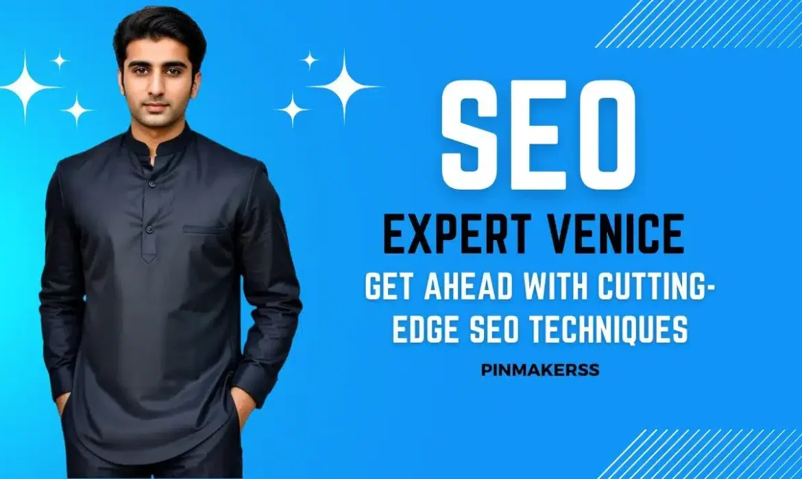 The image features a professional design primarily in blue tones with text overlay. A man is standing confidently in the center, dressed in a sleek, dark-colored traditional kurta. The background is a vivid blue with lighter blue accents and sparkles around the upper left side, indicating radiance or excellence. On the right, large white letters spell out "SEO EXPERT EMERYVILLE," and just beneath in a smaller font, it says "BOOSTING YOUR BRAND VISIBILITY." The text is bold and designed to capture attention. The bottom right corner carries a watermark or signature that reads "PINMAKERSS." The overall impression is of a promotional or advertising nature, likely for SEO services in Emeryville.