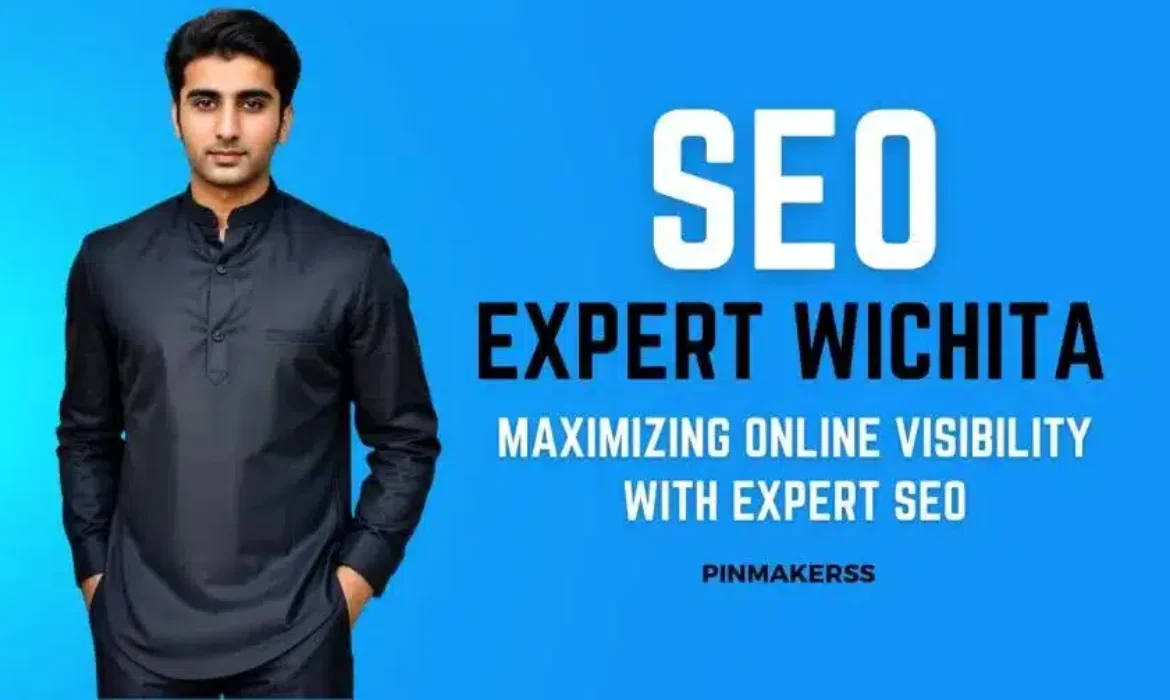 The image features a person standing against a blue background with text that reads "SEO EXPERT WICHITA" in large white letters. Below the main title, there's a subtitle in smaller white text stating "MAXIMIZING ONLINE VISIBILITY WITH EXPERT SEO." The text is well balanced and creates a clear focal point in the image. The logo "PINMAKERSS" is placed in the bottom right corner, suggesting the branding or the company behind the message. The person in the image is wearing a dark, possibly black, shirt and is looking directly at the viewer, which gives a professional and approachable look to the image.