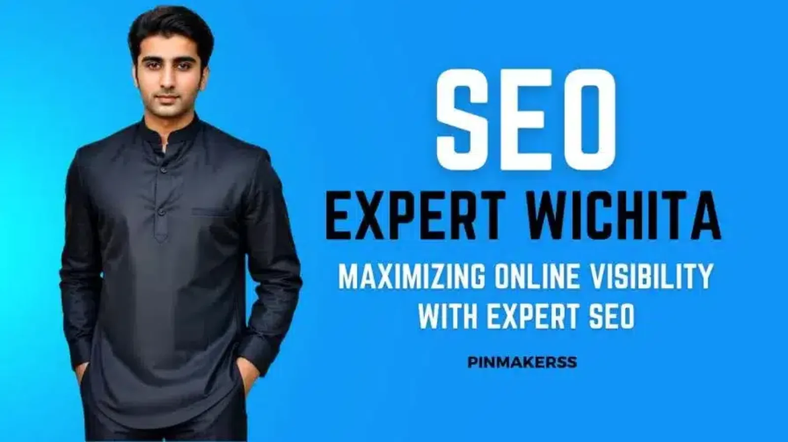 The image features a person standing against a blue background with text that reads "SEO EXPERT WICHITA" in large white letters. Below the main title, there's a subtitle in smaller white text stating "MAXIMIZING ONLINE VISIBILITY WITH EXPERT SEO." The text is well balanced and creates a clear focal point in the image. The logo "PINMAKERSS" is placed in the bottom right corner, suggesting the branding or the company behind the message. The person in the image is wearing a dark, possibly black, shirt and is looking directly at the viewer, which gives a professional and approachable look to the image.