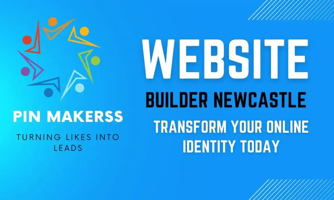 The image appears to be a promotional graphic with a vibrant blue background. On the top left, there's a circular logo composed of multiple human figures with their arms extended, creating a star-like pattern; the figures vary in color, such as orange, yellow, and teal. Right beside the logo, there are the words "PIN MAKERSS" in bold, capital letters, followed by the tagline "TURNING LIKES INTO LEADS" underneath in smaller font. Dominating the center and right portion of the image is the phrase "WEBSITE BUILDER" in large, bold, white text. Directly below it, in even larger font but with thinner lettering, reads "WEBSITE BUILDER NEWCASTLE." Beneath this text is a call to action: "CREATE YOUR DREAM SITE IN MINUTES," inviting the viewer to quickly and easily create their website. At the bottom of the graphic, there's a phone number "+1 (341) 208-1708" indicating a way to contact, likely for services related to website building. The overall design is bright and engaging, with a focus on quick and accessible website creation services.