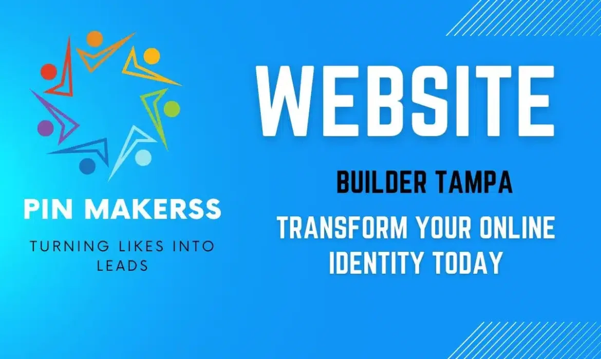 The image is a digital advertisement with a bright blue background, featuring a logo and text. On the left side, there's a colorful logo for a company called "PIN MAKERSS" with the tagline "TURNING LIKES INTO LEADS" below it. The logo consists of abstract human figures in a circle, suggesting a community or networking concept. On the right, large, bold text states "WEBSITE BUILDER," with "WEBSITE BUILDER TAMPA" directly underneath it in equally prominent text, highlighting the service's location. Below this, in a smaller size, it reads "DESIGN TRENDS TO WATCH IN 2024," indicating the content might include future predictions or current trends in web design. At the bottom, there's a phone number, "+1 (341) 208-1708," aligned to the right, suggesting it's a contact number for the service. The overall design includes dynamic diagonal lines and shapes in the background, adding to the visual appeal of the advertisement.