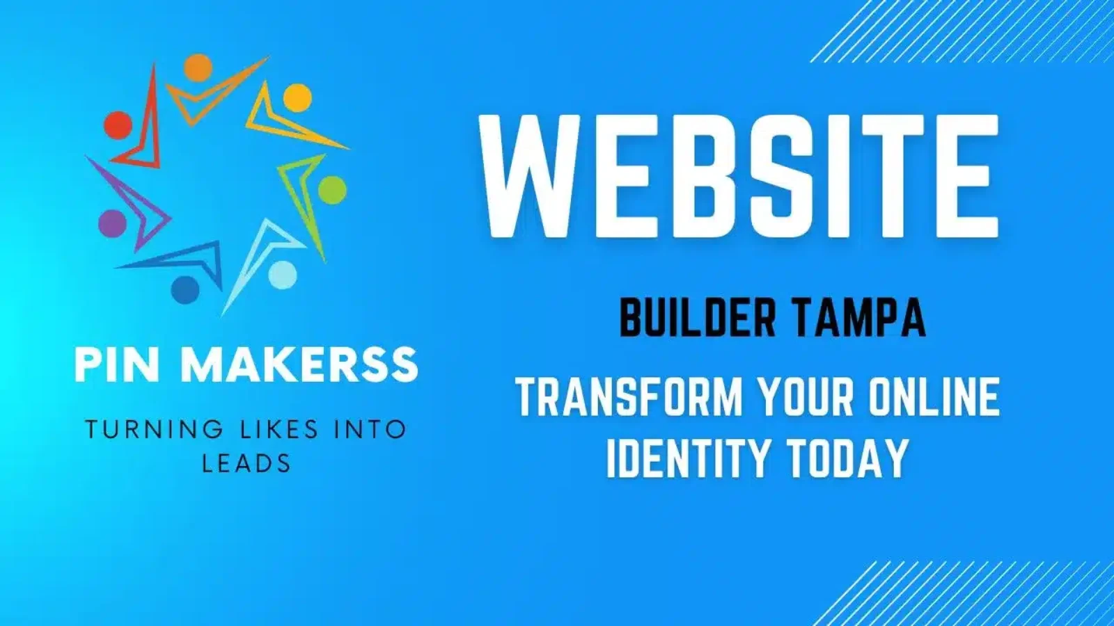 The image is a digital advertisement with a bright blue background, featuring a logo and text. On the left side, there's a colorful logo for a company called "PIN MAKERSS" with the tagline "TURNING LIKES INTO LEADS" below it. The logo consists of abstract human figures in a circle, suggesting a community or networking concept. On the right, large, bold text states "WEBSITE BUILDER," with "WEBSITE BUILDER TAMPA" directly underneath it in equally prominent text, highlighting the service's location. Below this, in a smaller size, it reads "DESIGN TRENDS TO WATCH IN 2024," indicating the content might include future predictions or current trends in web design. At the bottom, there's a phone number, "+1 (341) 208-1708," aligned to the right, suggesting it's a contact number for the service. The overall design includes dynamic diagonal lines and shapes in the background, adding to the visual appeal of the advertisement.